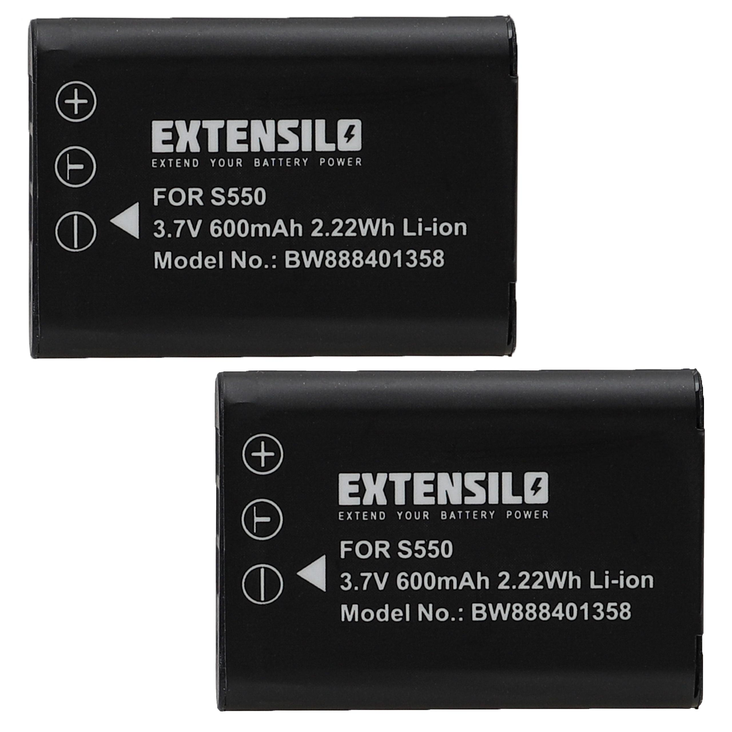 Zwei schwarze EXTENSILO-Akkus. Jeder zeigt Markenname und Spezifikationen, einschließlich 3,7 V 600 mAh 2,22 Wh Li-Ion.