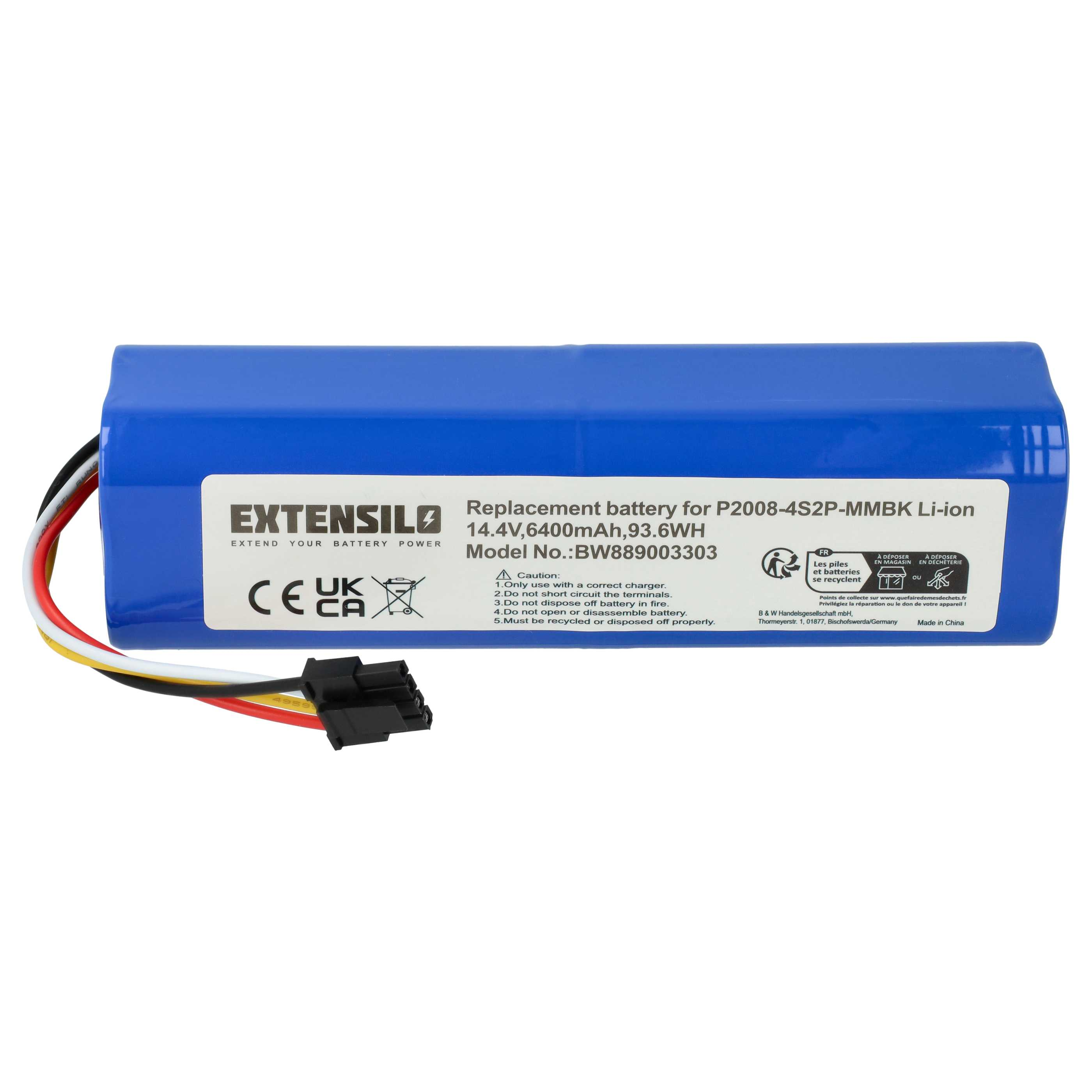 Ein blauer Akku mit weißem Text, schwarzen und farbigen Drähten und einem Stecker. Es hat Warnhinweise und Recyclingsymbole.