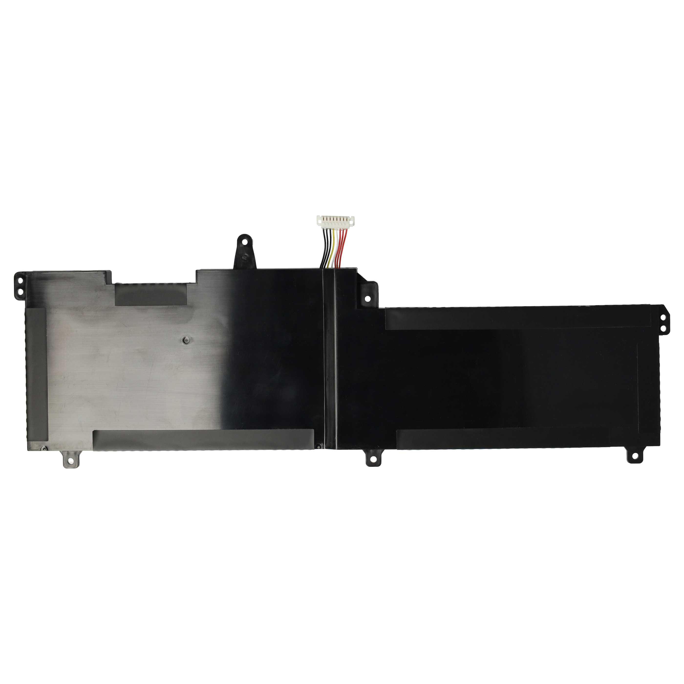 Laptop-Akku. Silbernes und schwarzes Metallgehäuse mit Stecker und farbigen Drähten.