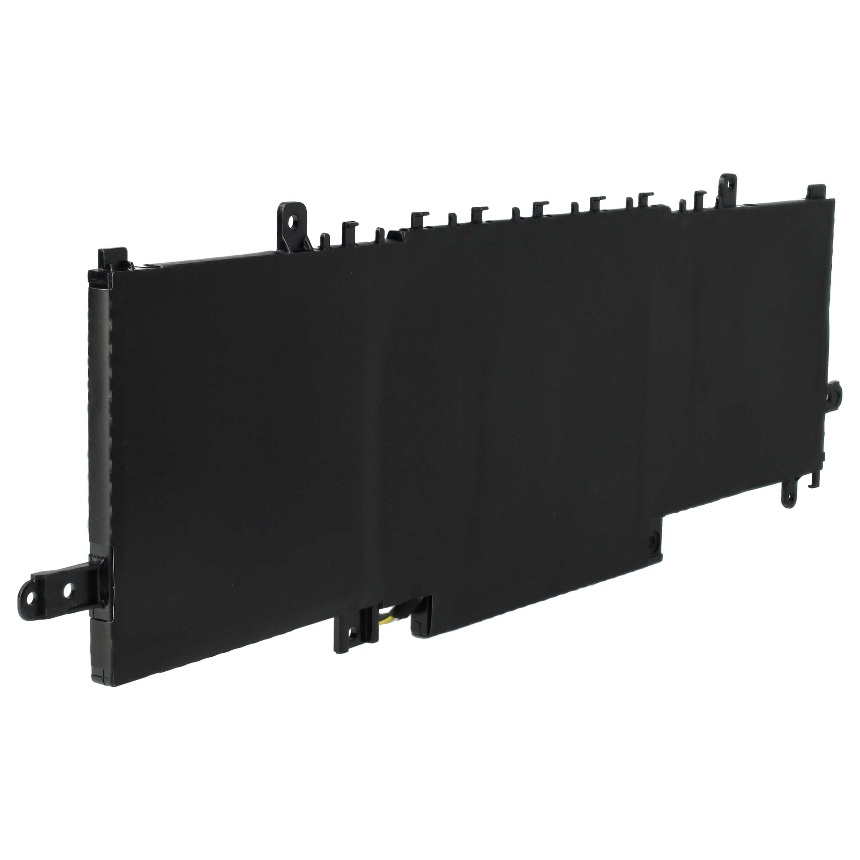 Ein schwarzes, rechteckiges Objekt mit verschiedenen Vorsprüngen und Anschlüssen, möglicherweise eine Batteriekomponente, vor weißem Hintergrund.