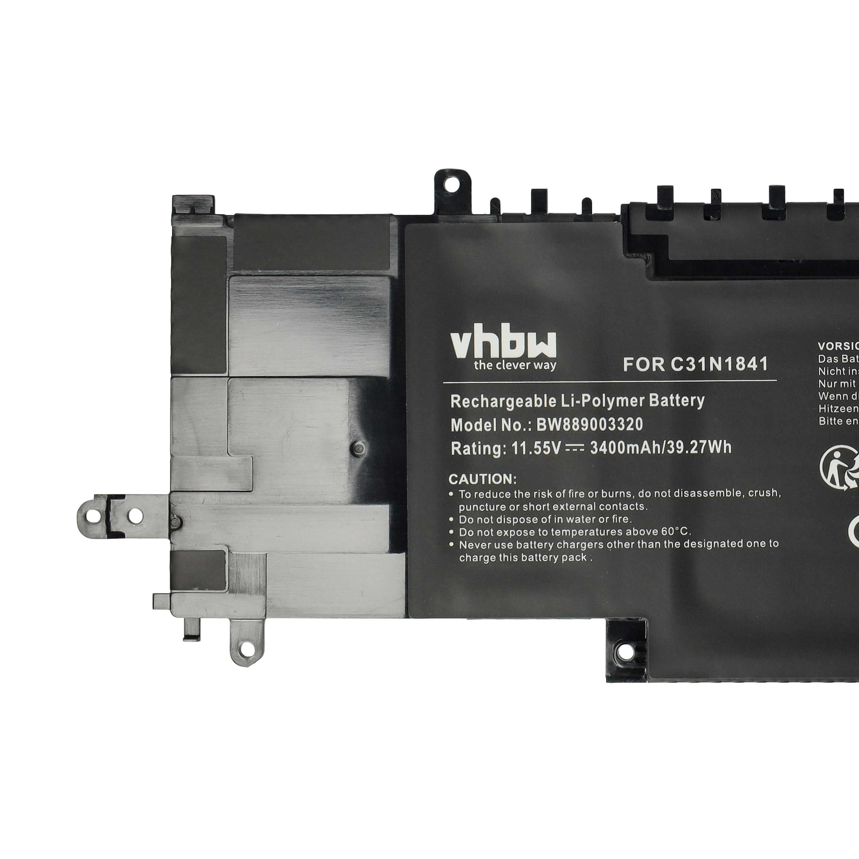 Ein schwarzes Akkupack mit weißem Text. Es lautet 'vhbw' und 'Rechargeable Li-Polymer Battery'.