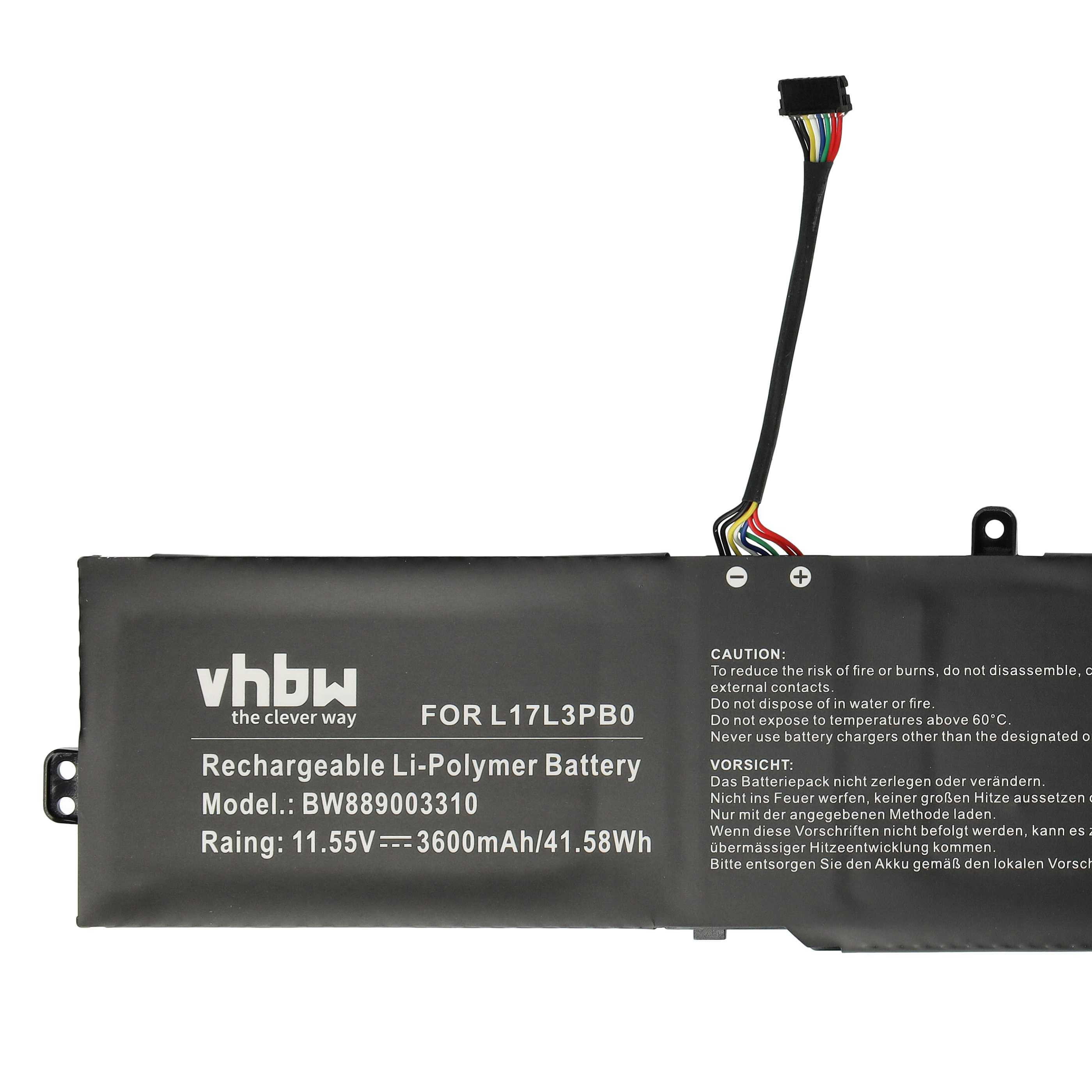 Ein schwarzes Akkupack mit weißem Text. Es hat ein Kabel mit bunten Drähten und einem Stecker.
