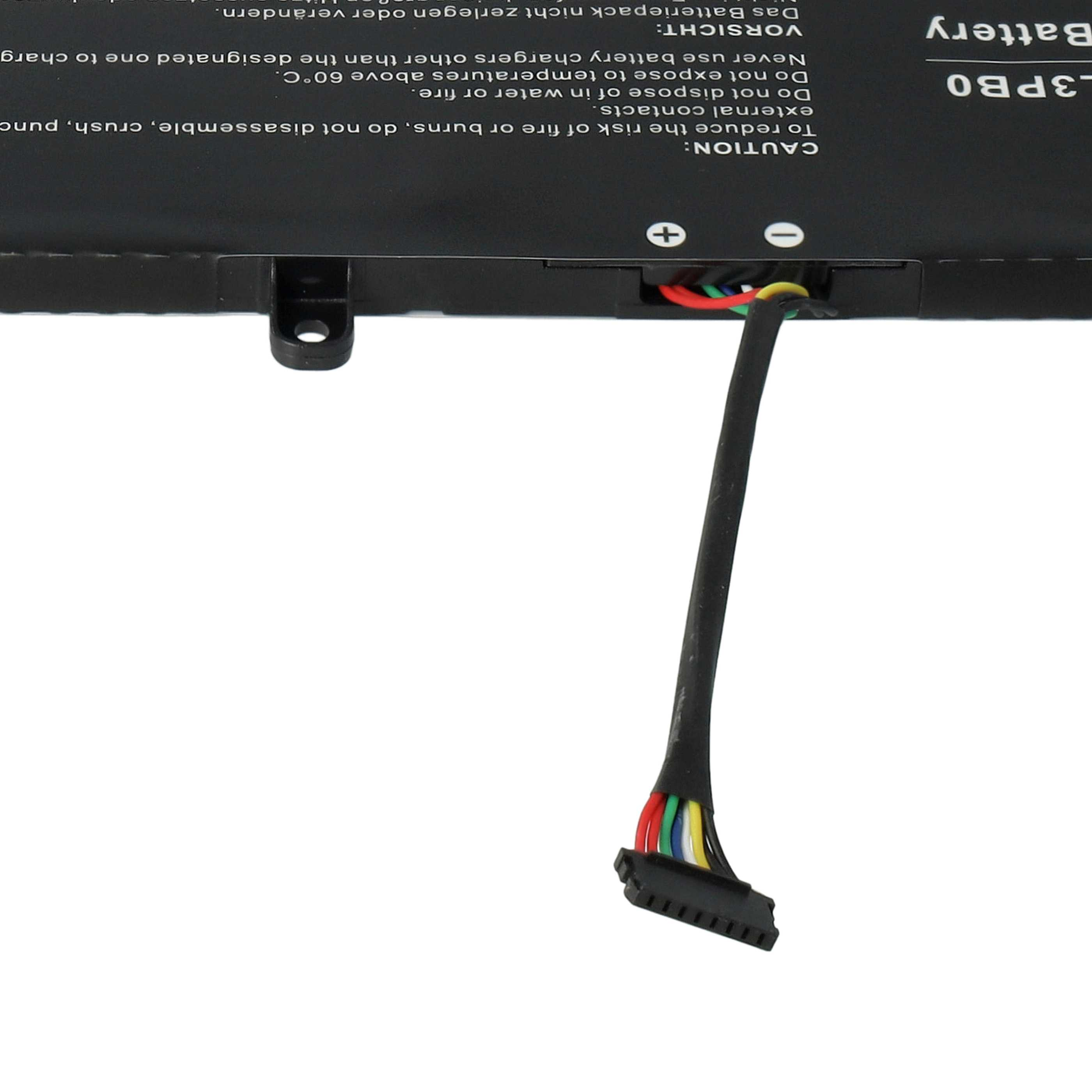Eine schwarze Batterie mit Text, ein Stecker mit farbigen Drähten und Warntext sind sichtbar.