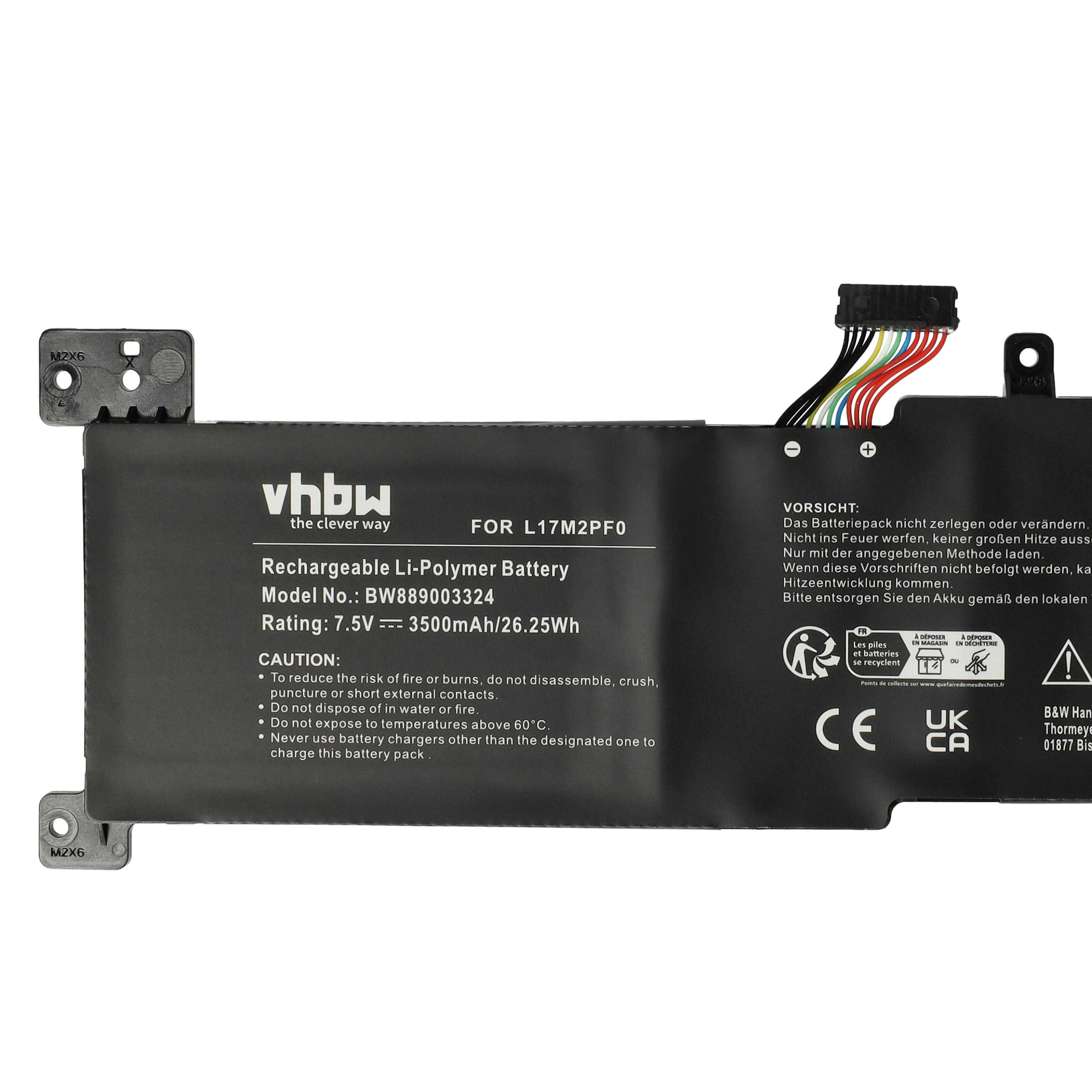 Ein schwarzes Batteriepack mit weißem Text, Warnhinweisen und einem Stecker. Die Marke ist vhbw.