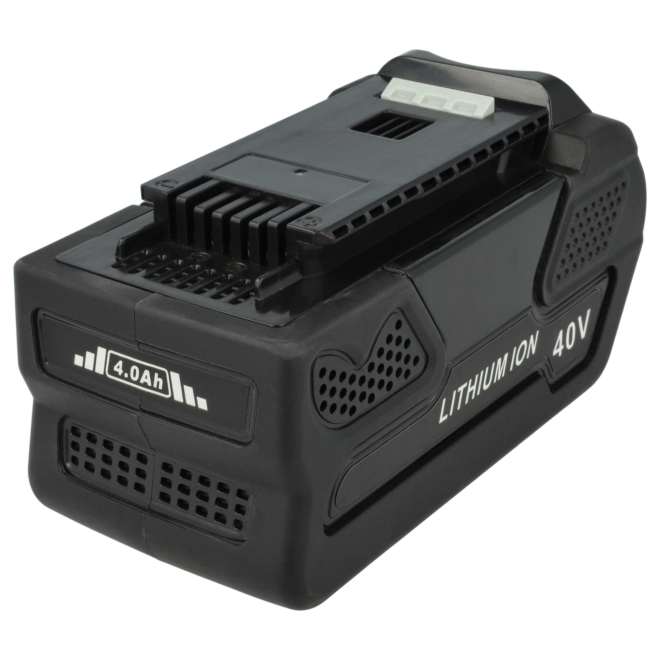 Ein schwarzer Lithium-Ionen-40V-Akkupack. Details umfassen die Kapazität, Lüftungslöcher und den Markennamen.