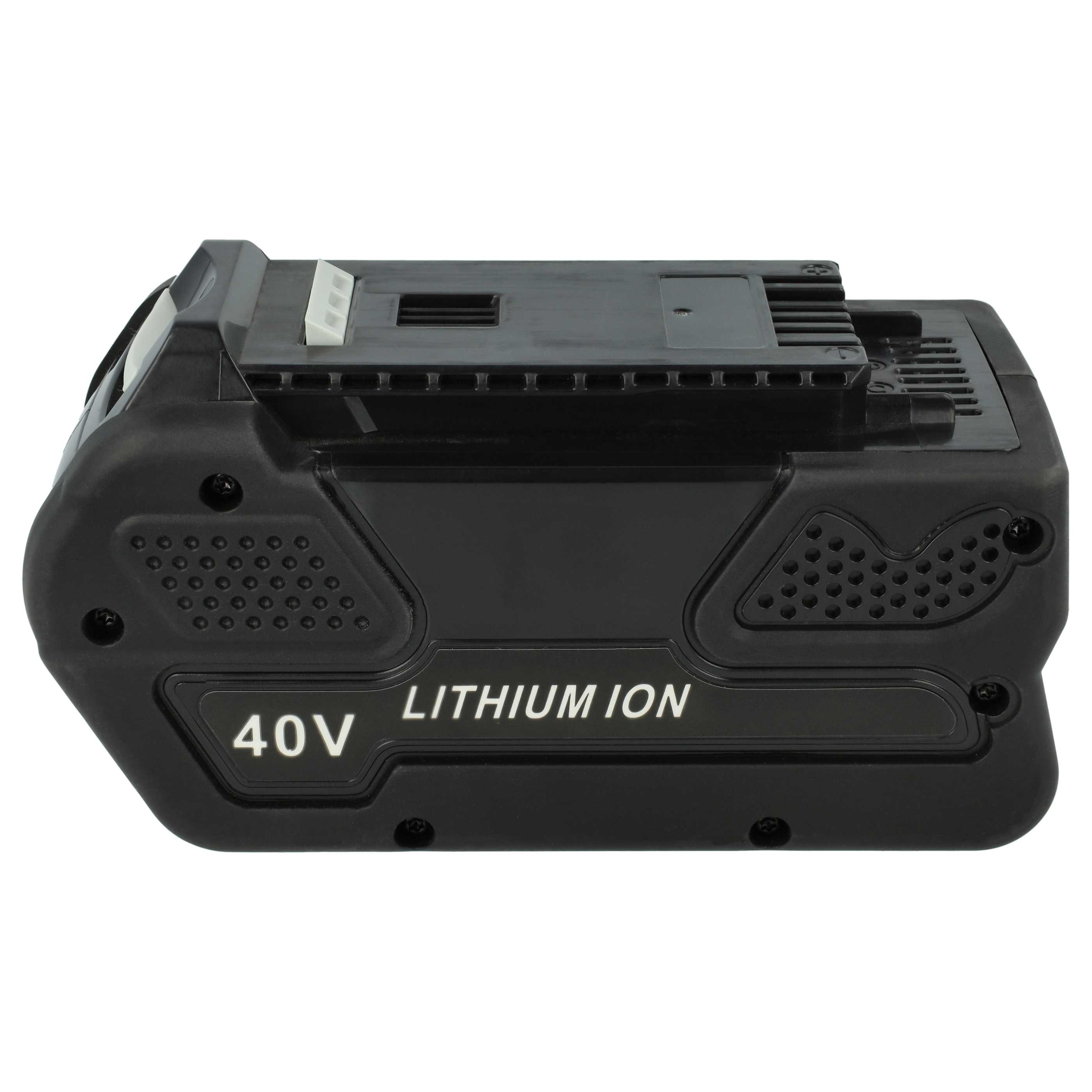 Ein schwarzer 40V Lithium-Ionen-Akku. Merkmale sind Textbeschriftungen, Belüftungsöffnungen und verschiedene Designelemente.