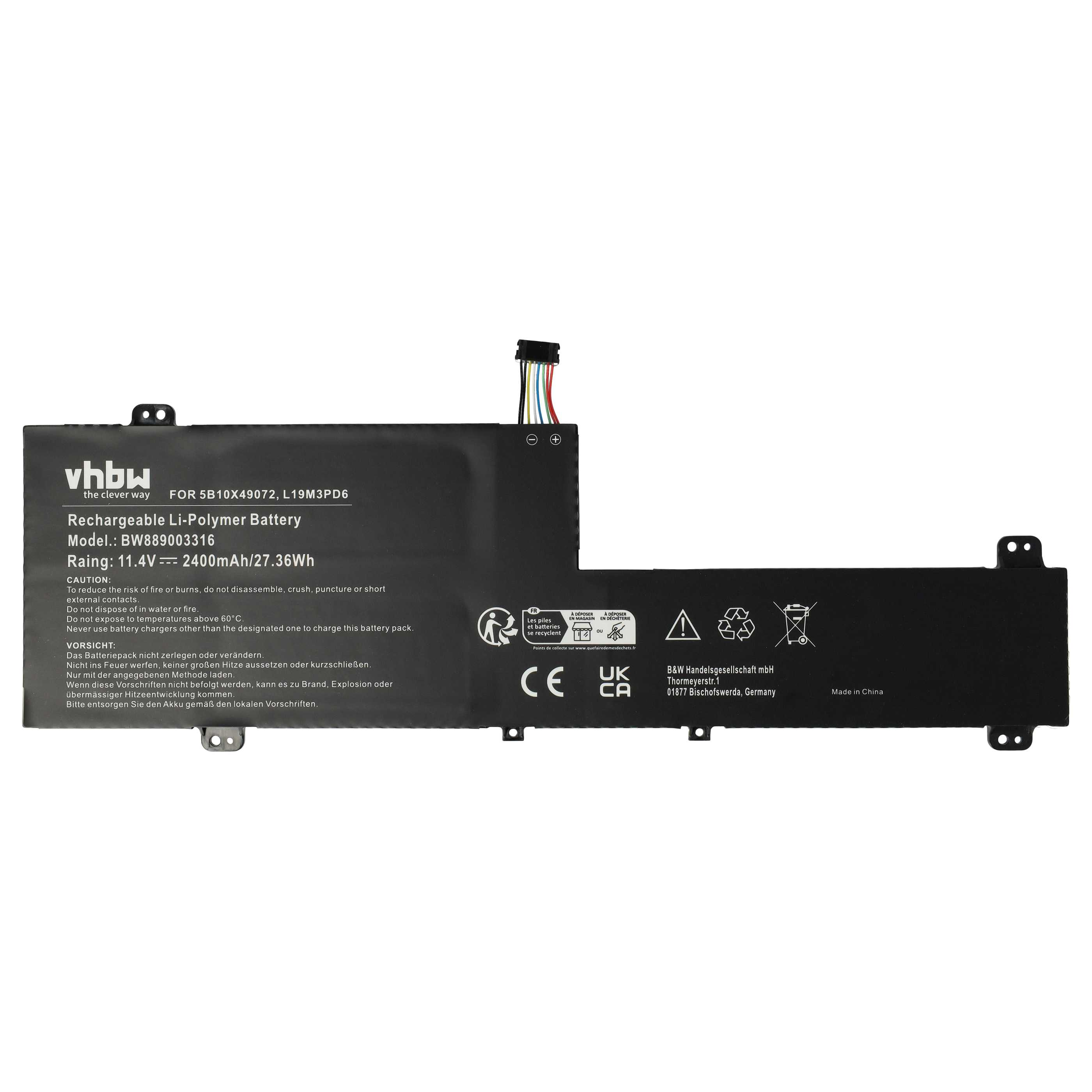 Ein schwarzer Akku mit gedrucktem Text, Warnhinweisen und einem Stecker mit farbigen Drähten.