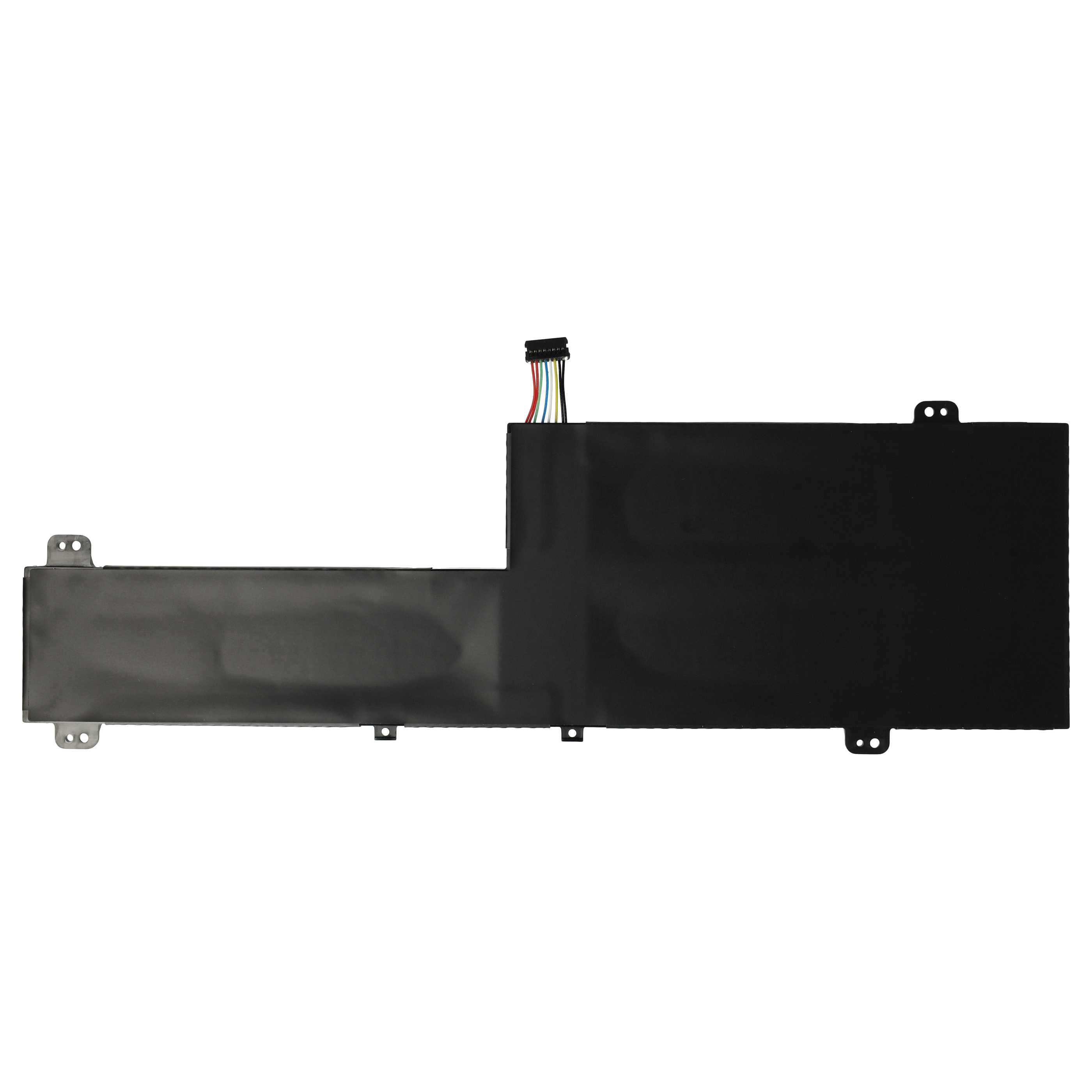 Ein schwarzer Laptop-Akku mit einem Stecker aus bunten Drähten auf weißem Hintergrund.