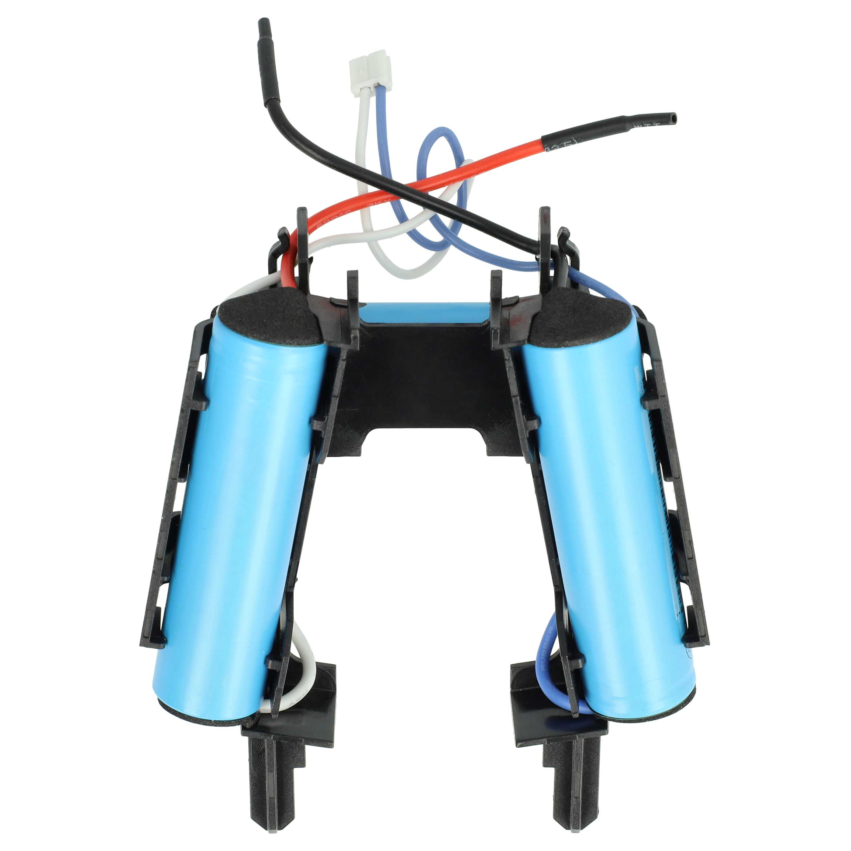 Ein Akkupack mit zwei blauen zylindrischen Batterien, einem schwarzen Kunststoffhalter und Drähten in verschiedenen Farben.