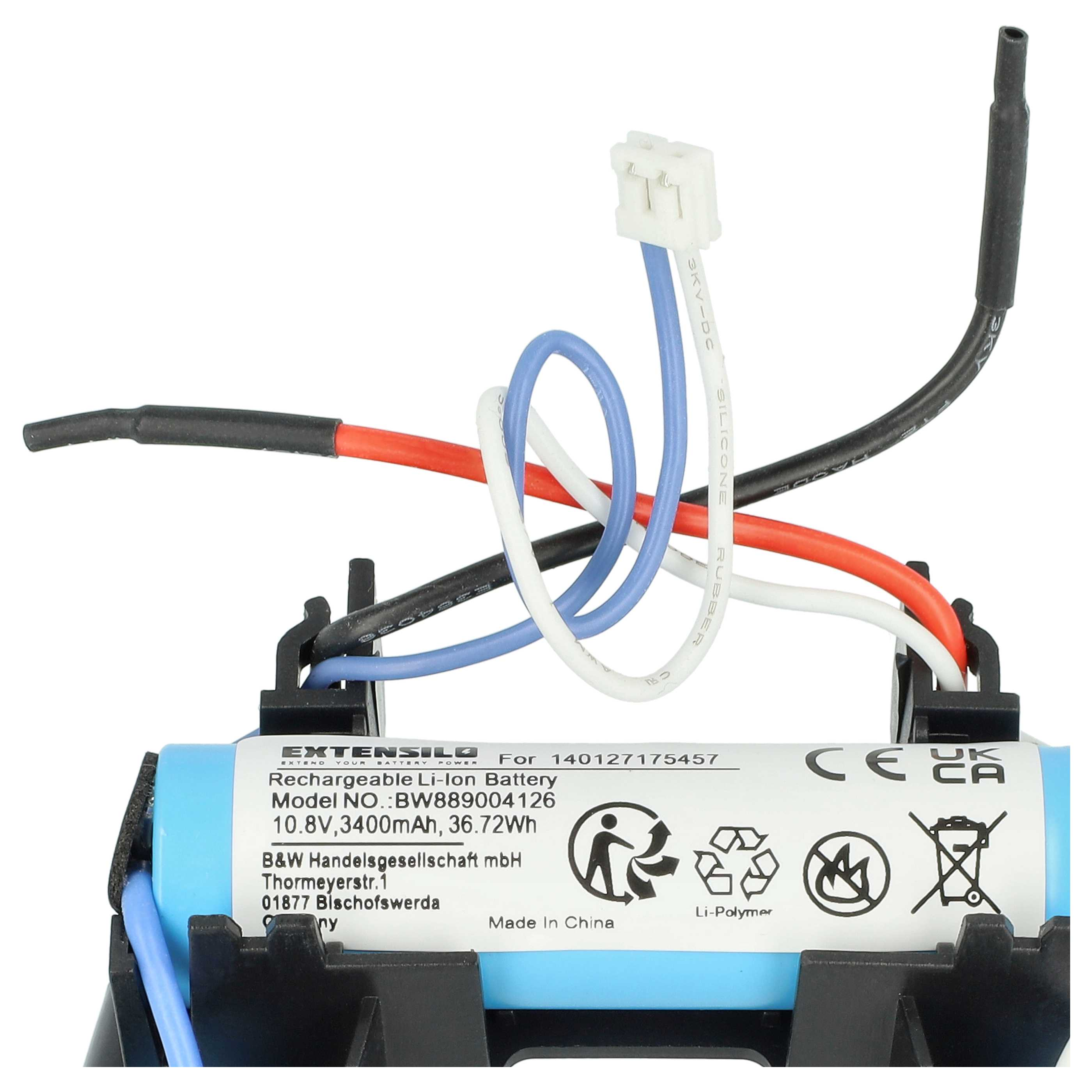 Ein Akku mit Drähten und einem Stecker. Auf dem Akku steht: Wiederaufladbarer Li-Ion-Akku.
