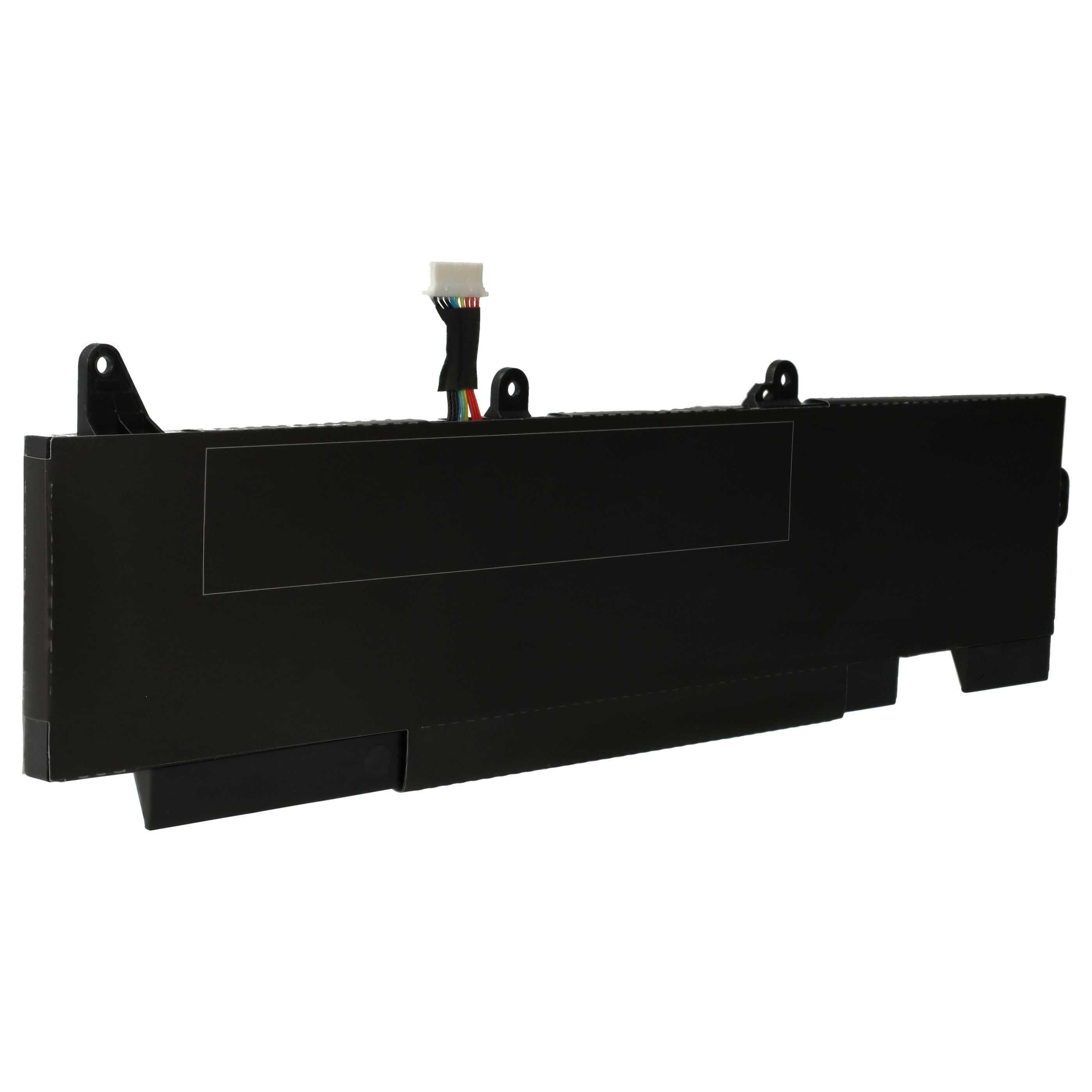 Ein schwarzer Laptop-Akku mit weißem Stecker und farbigen Drähten ist auf weißem Hintergrund isoliert.