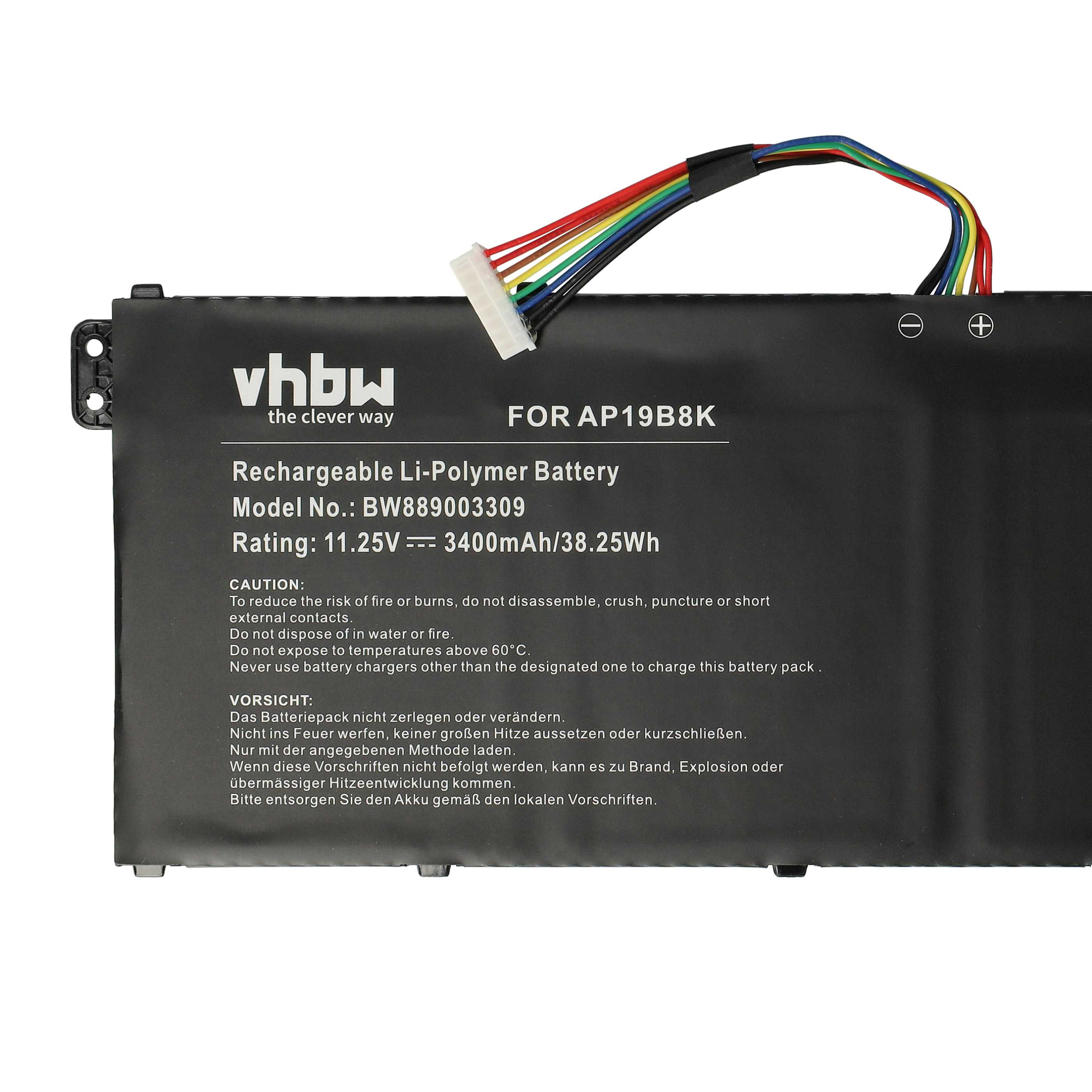 Schwarzer Akku mit bunten Drähten. Text mit Modell, Bewertung und Warnungen. Weißer Hintergrund.
