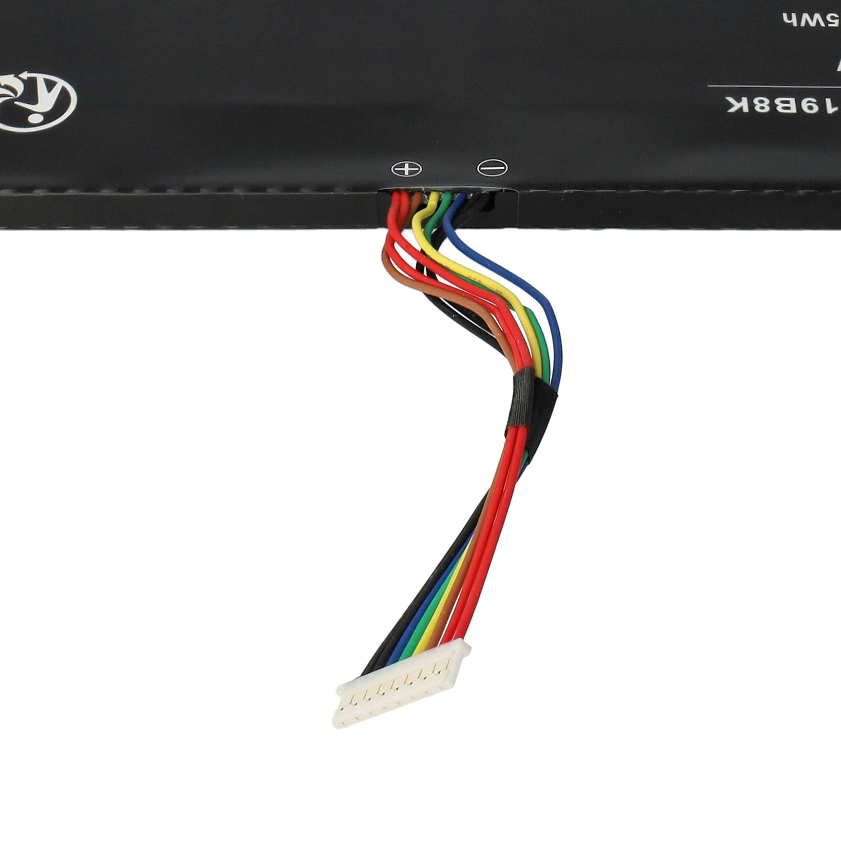 Akkupack mit mehrfarbigen Drähten und einem weißen Stecker. Schwarze Oberfläche mit Markierungen und Symbolen.
