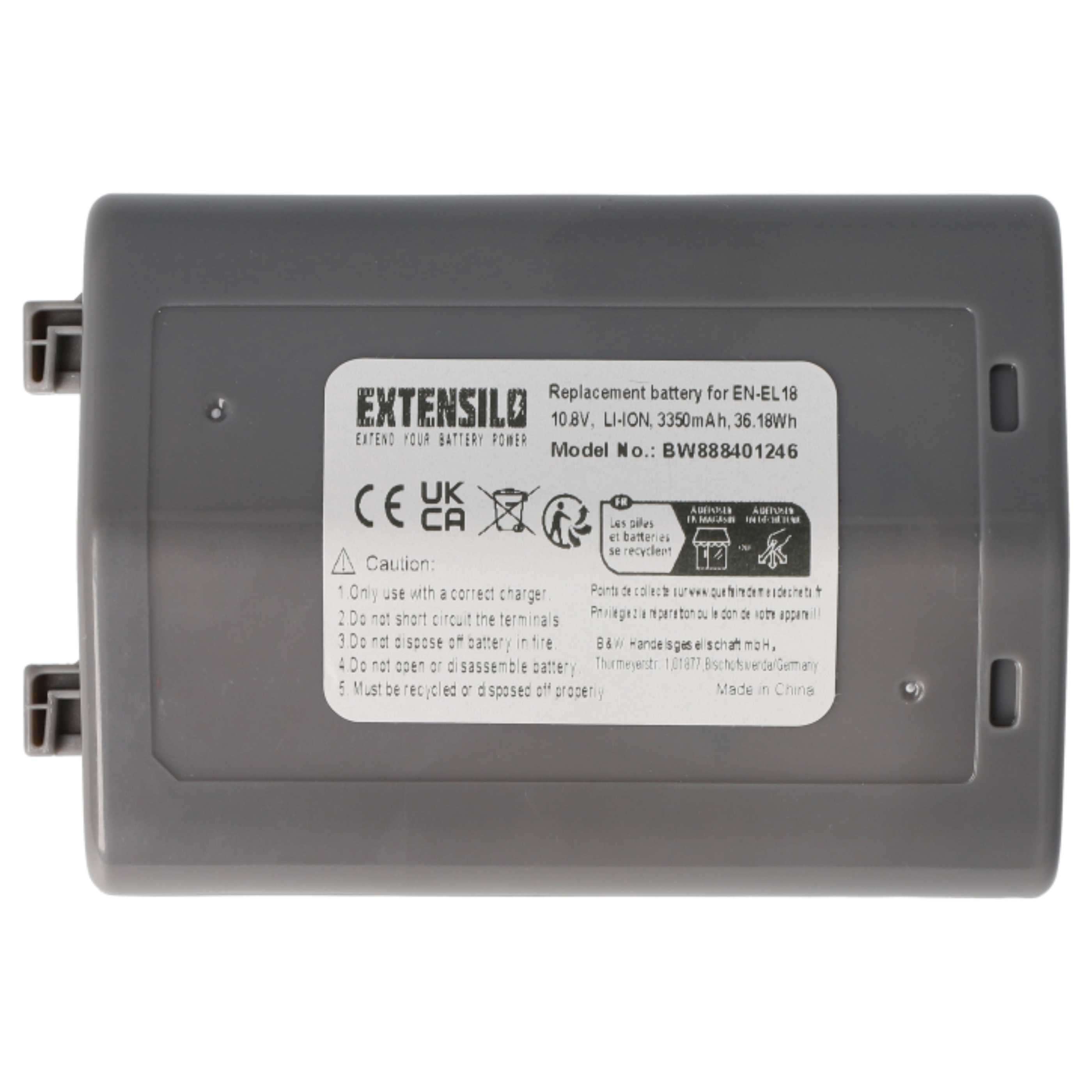 Graue rechteckige Batterie mit Text und Warnhinweisen. Es ist ein Ersatzakku für EN-EL18.