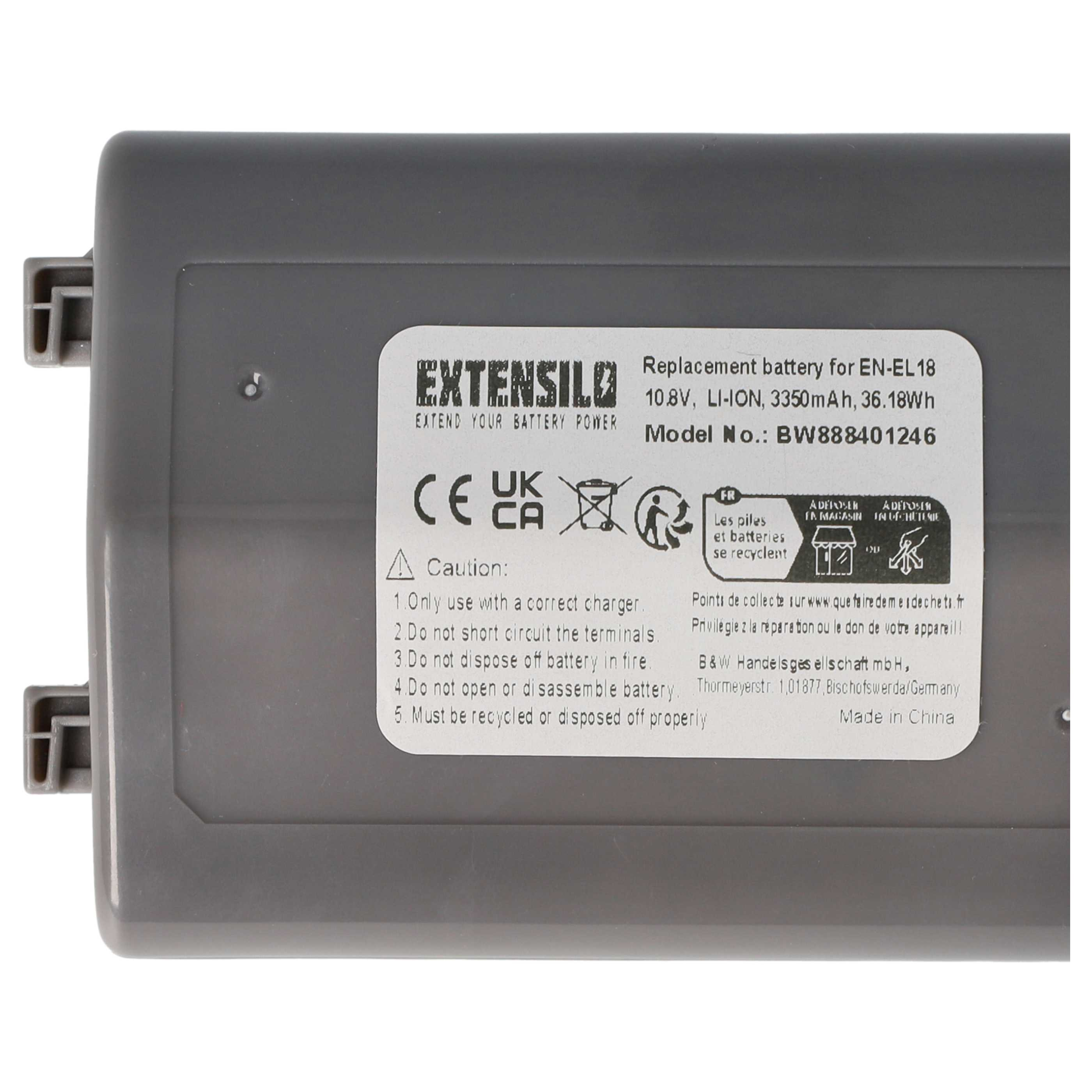Eine graue Batterie mit weißem Text. Es lautet 'Extensilo, Extend Your Battery Power'. Modell-Nr.: BW888401246.