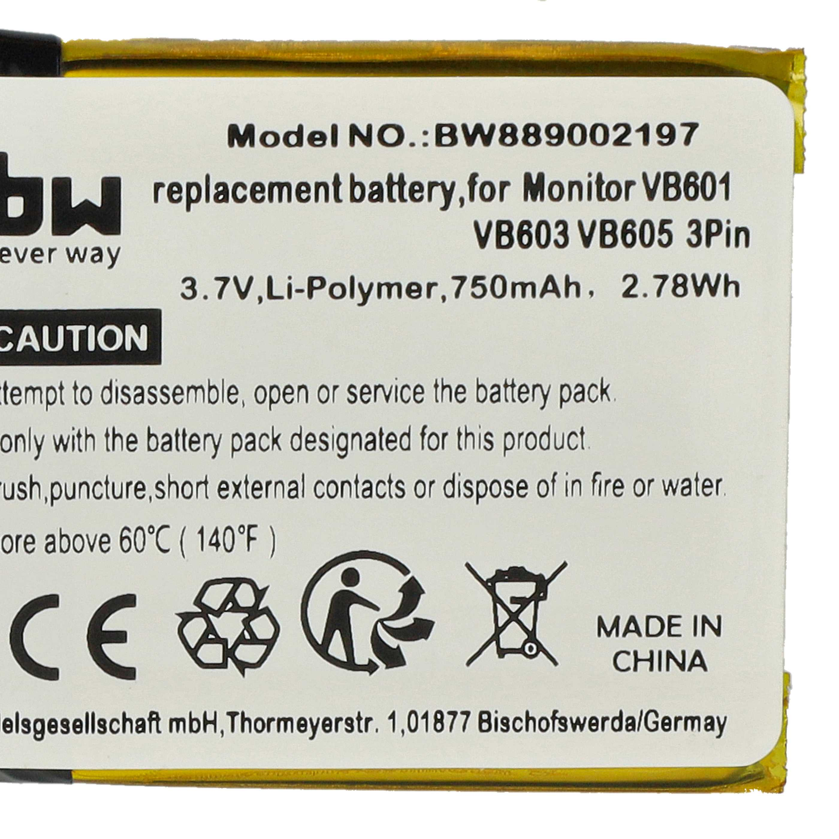 Ein Batterieetikett mit Text: Modellnummer, Spannung, Kapazität und Warnhinweisen. Es hat auch Recycling-Symbole und 'Made in China'.