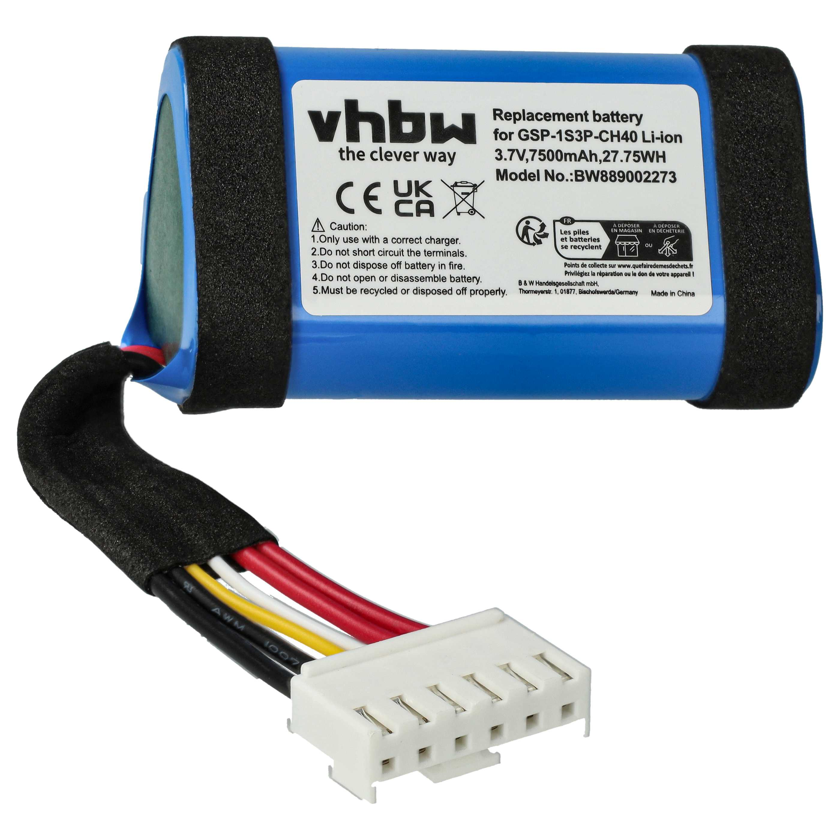 Ein blau-schwarzer Akku mit weißem Stecker. Auf dem Akku steht: Ersatzbatterie.