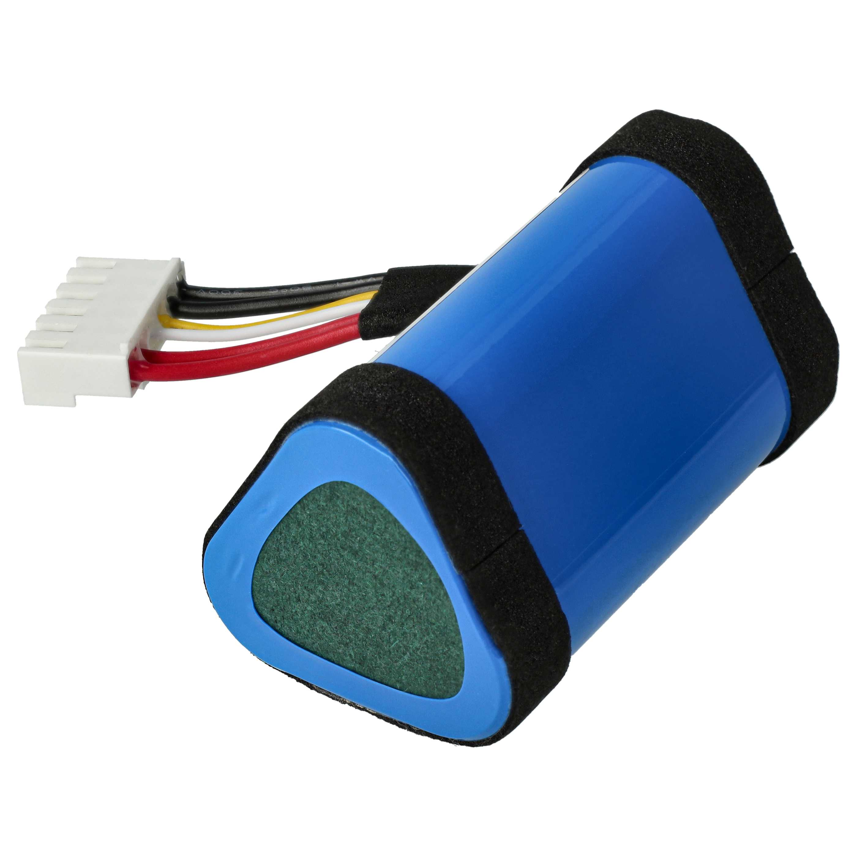 Ein blauer Zylinderakku mit schwarzen Schaumstoffkanten und einem weißen Stecker mit roten, gelben, schwarzen und weißen Drähten.