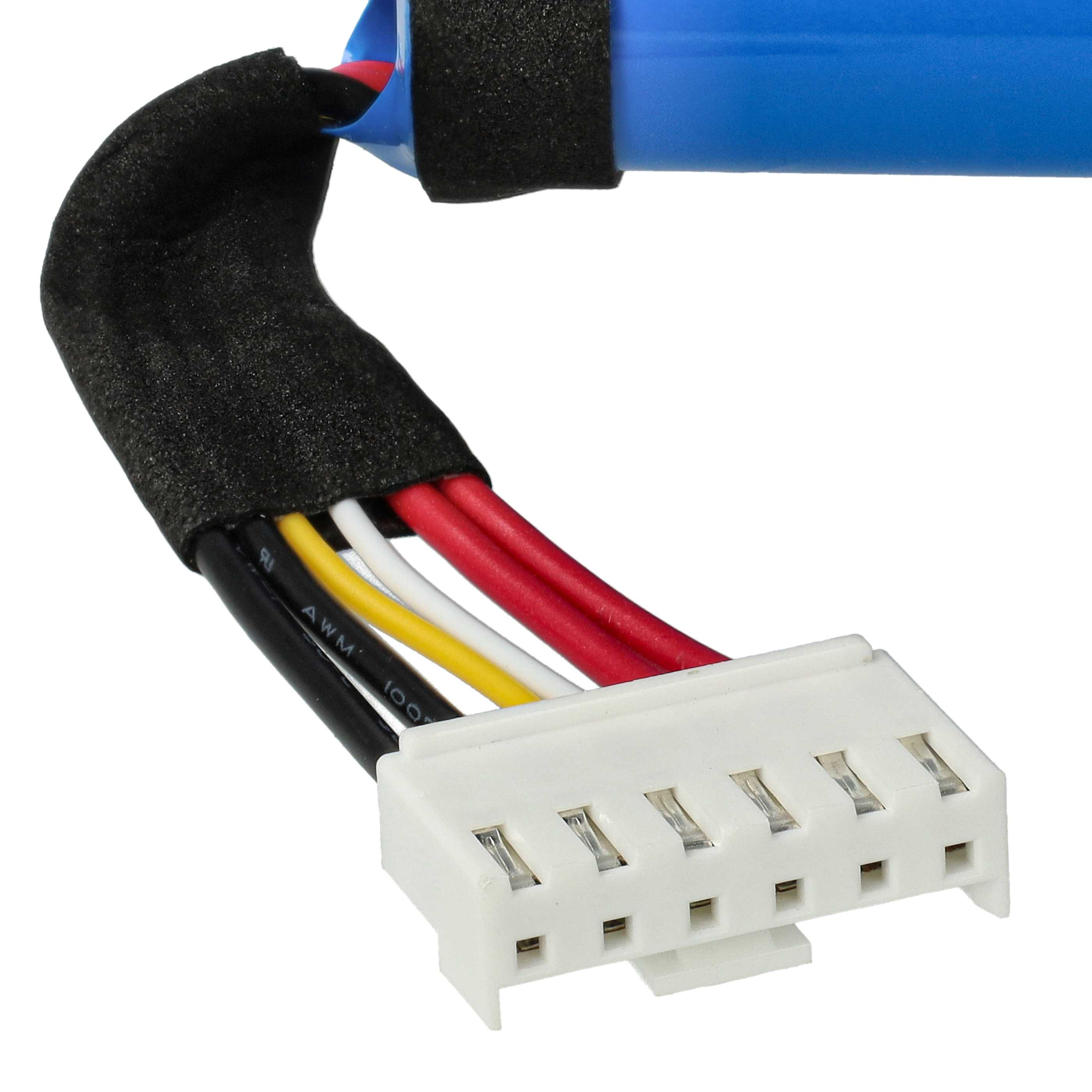 Eine blaue Batterie mit schwarzer Isolierung und farbigen Drähten, die mit einem weißen Stecker verbunden sind. Drähte: schwarz, gelb, weiß, rot.