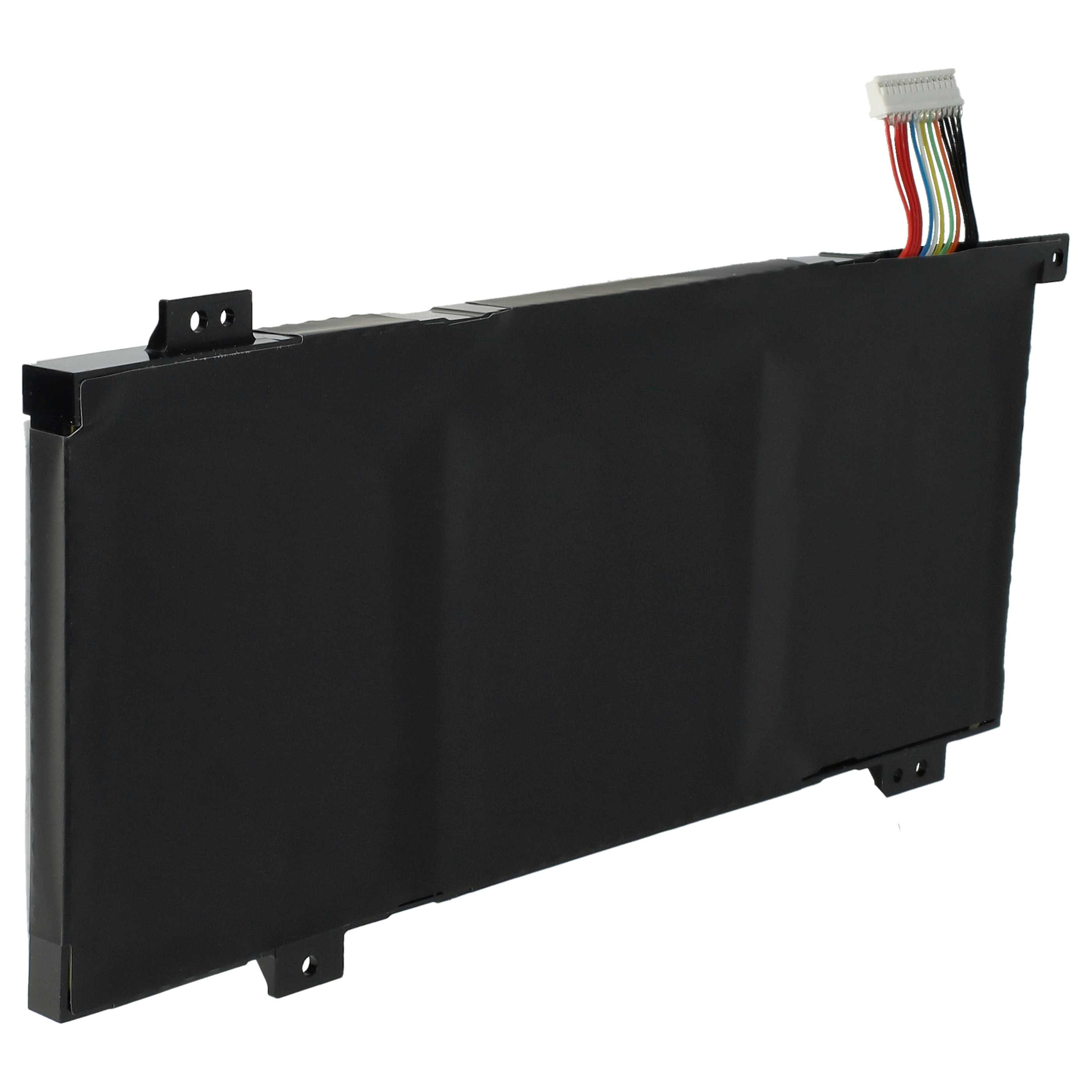 Ein schwarzer Laptop-Akku mit farbigen Drähten, die mit einem weißen Stecker verbunden sind. Der Akku befindet sich auf weißem Hintergrund.