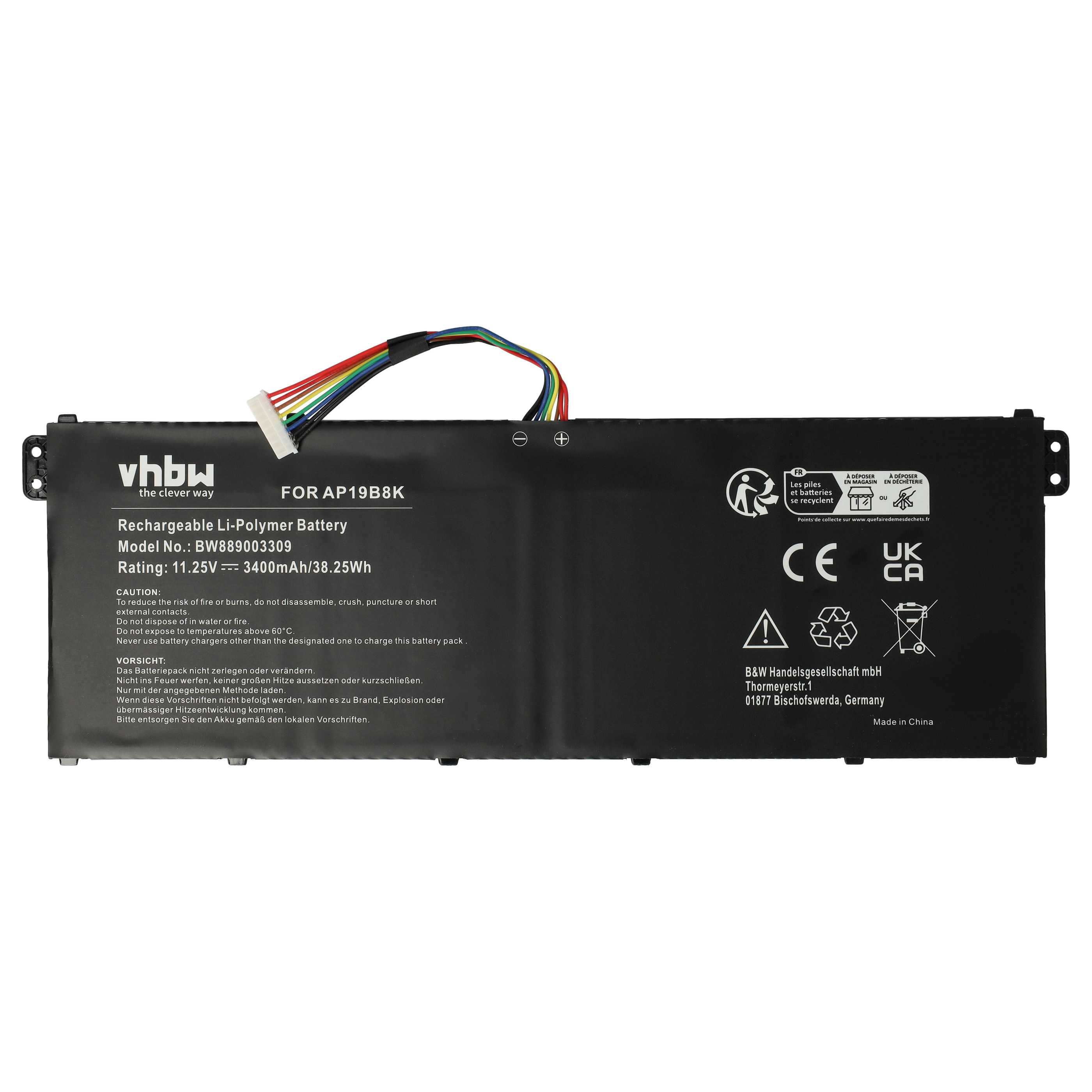 Ein schwarzer Laptop-Akku mit farbigen Drähten, Text und Logos. Es steht 'vhbw' und Warnhinweise drauf.