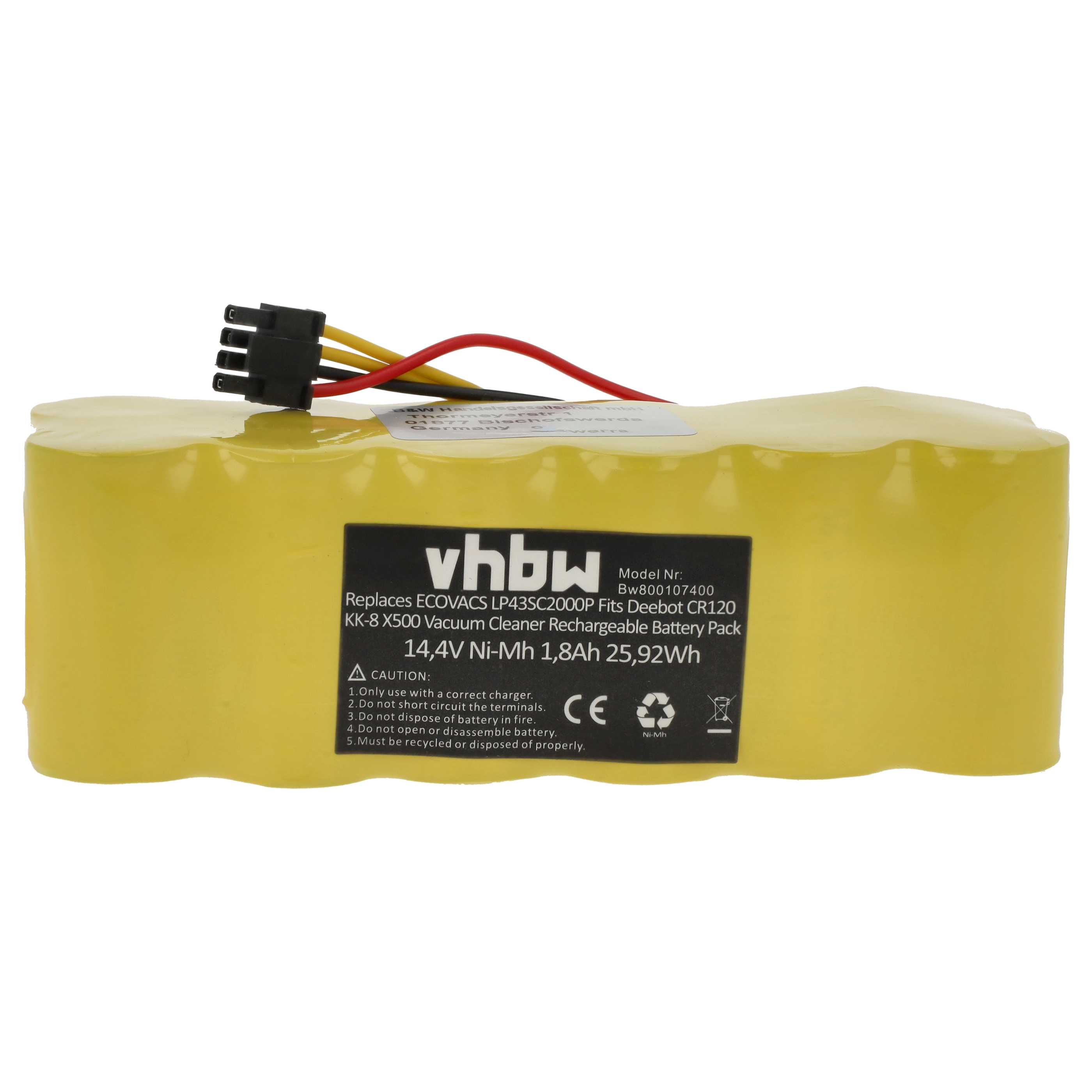 Gelber Akku mit schwarzem Stecker und Text. Es steht "vhbw", "14,4V Ni-Mh" und andere technische Daten.