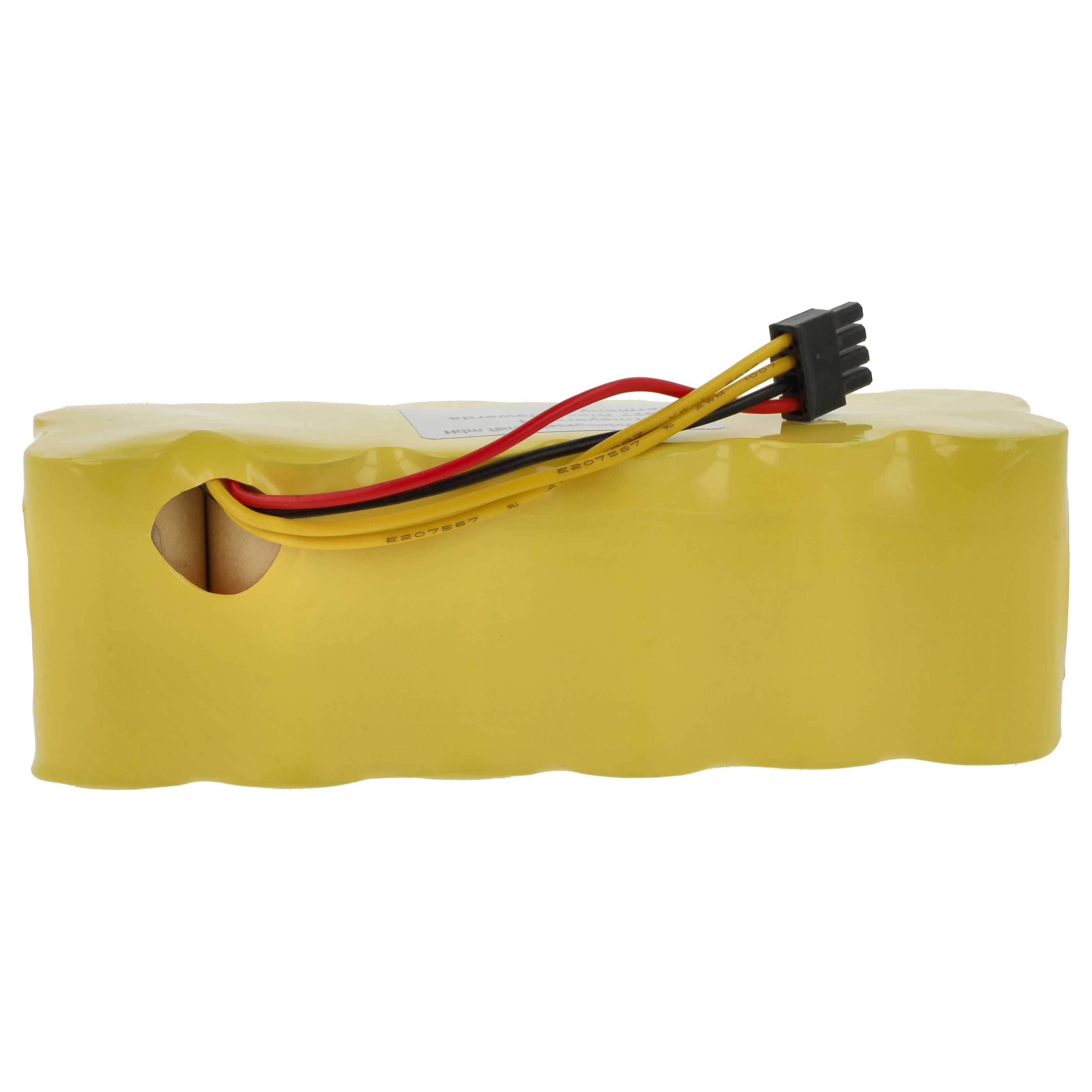 Ein gelbes Akkupack mit schwarzen, roten und gelben Drähten und einem schwarzen Stecker. Der Hintergrund ist weiß.