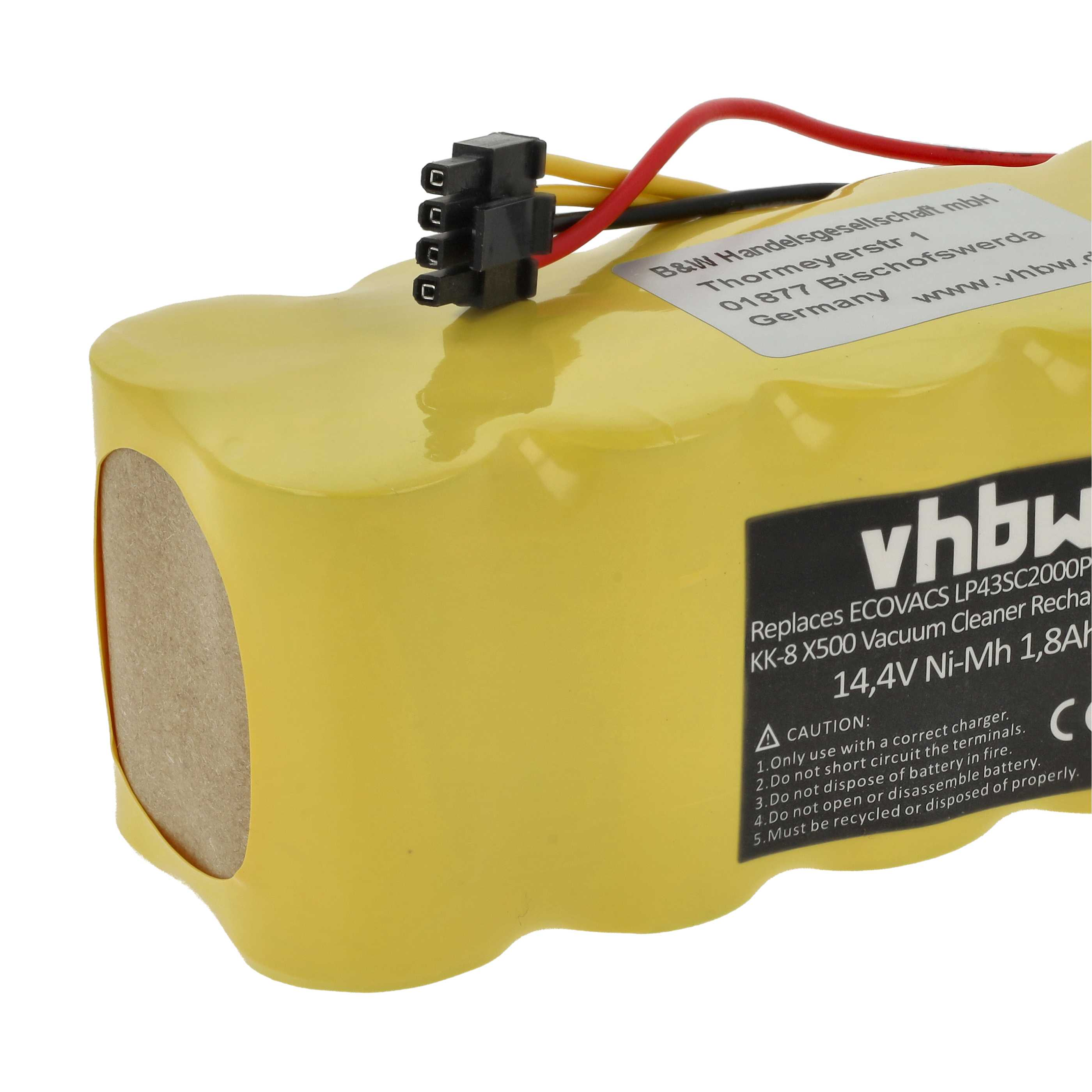 Gelber Akku mit schwarzem Stecker und rot/gelben Drähten. Auf dem Akku steht 'vhbw' und '14,4V Ni-Mh 1,8AH'.
