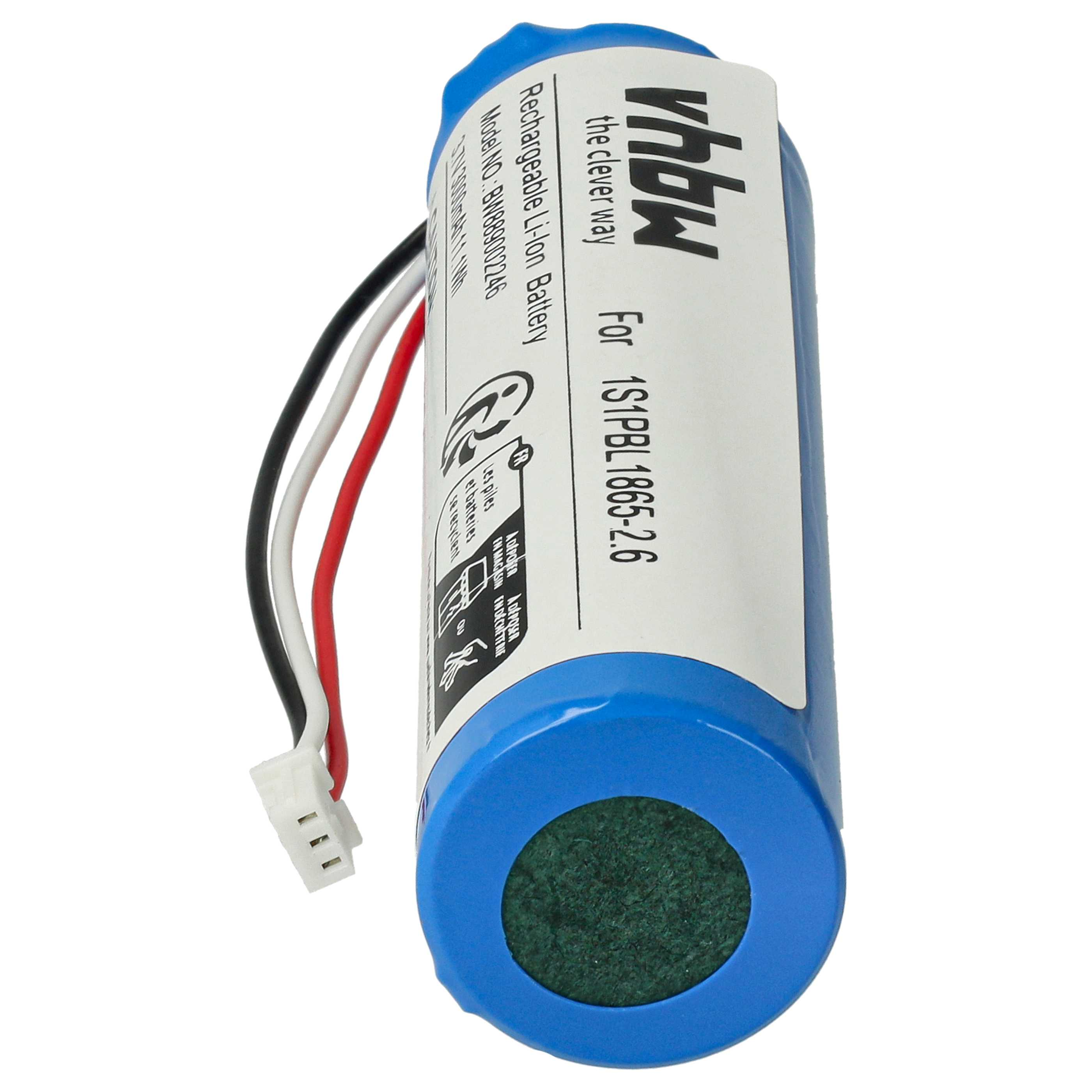 Ein blau-weißer Akku mit Drähten und einem Stecker. Der Akku hat Text und einen grünen Kreis am Ende.