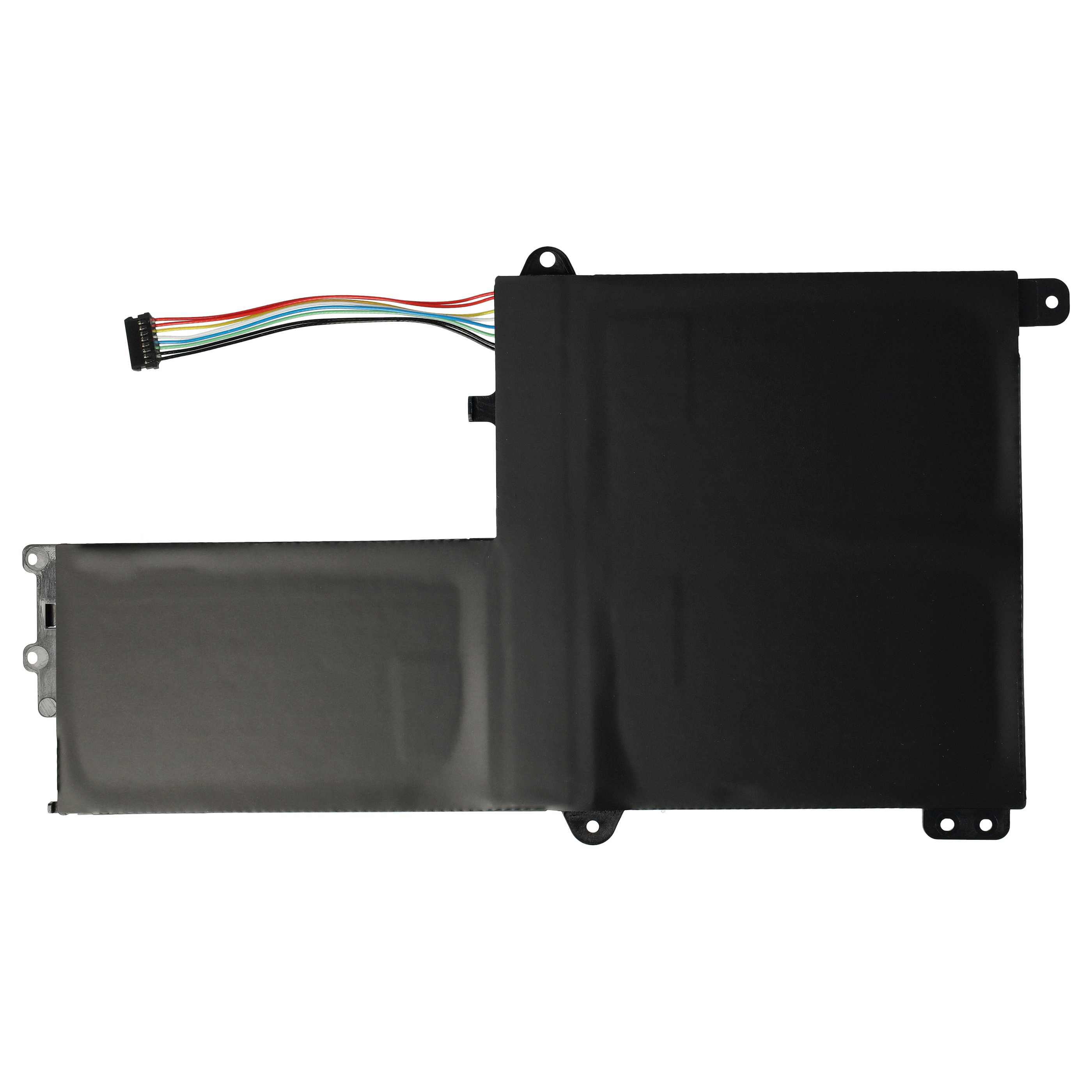 Ein schwarzer Laptop-Akku mit farbigen Drähten. Er hat einen schwarzen Stecker und mehrere Befestigungspunkte.
