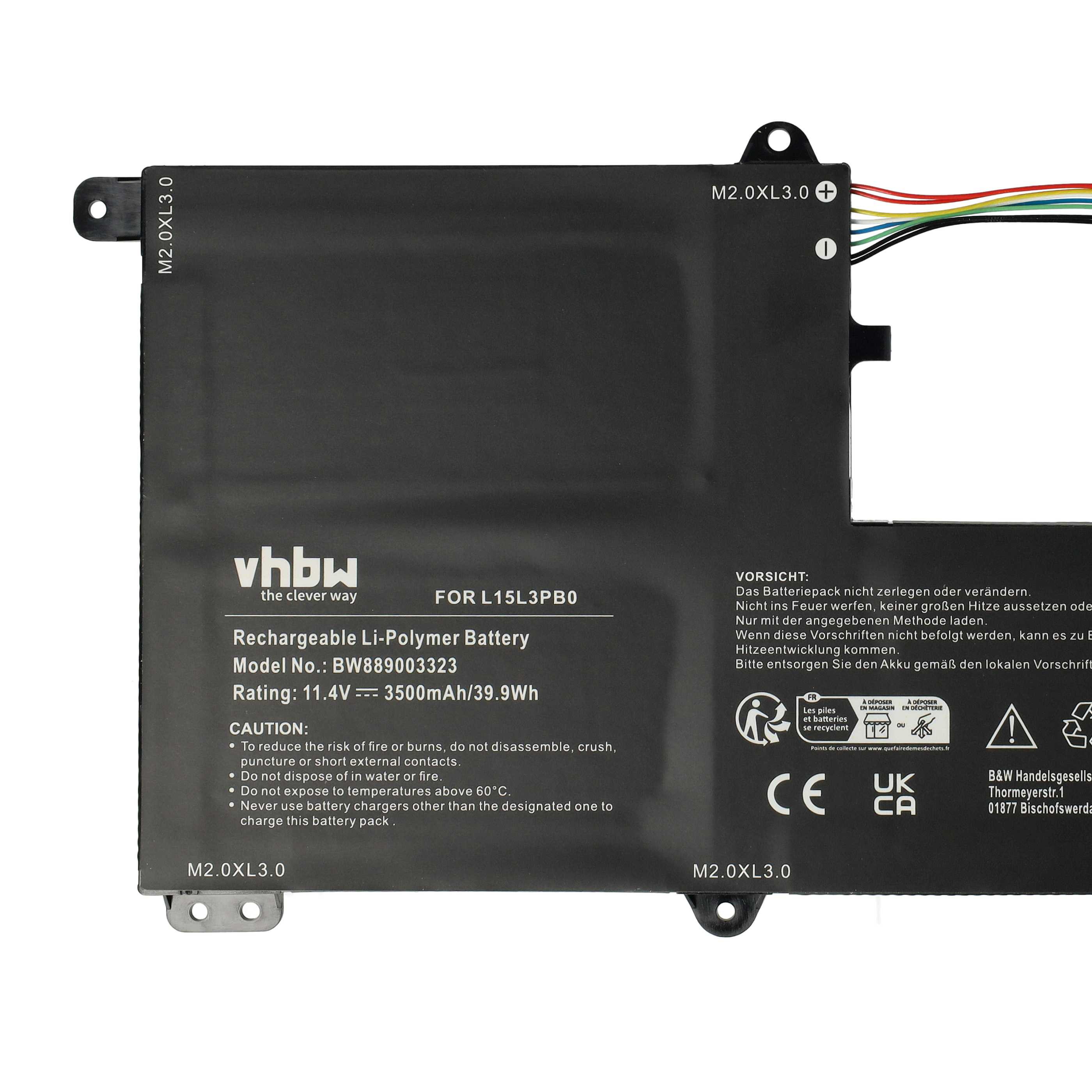 Akkupack mit Text. Es steht: Wiederaufladbare Li-Polymer-Batterie, Modell-Nr.: BW889003323, Leistung: 11,4 V = 3500 mAh/39,9 Wh.