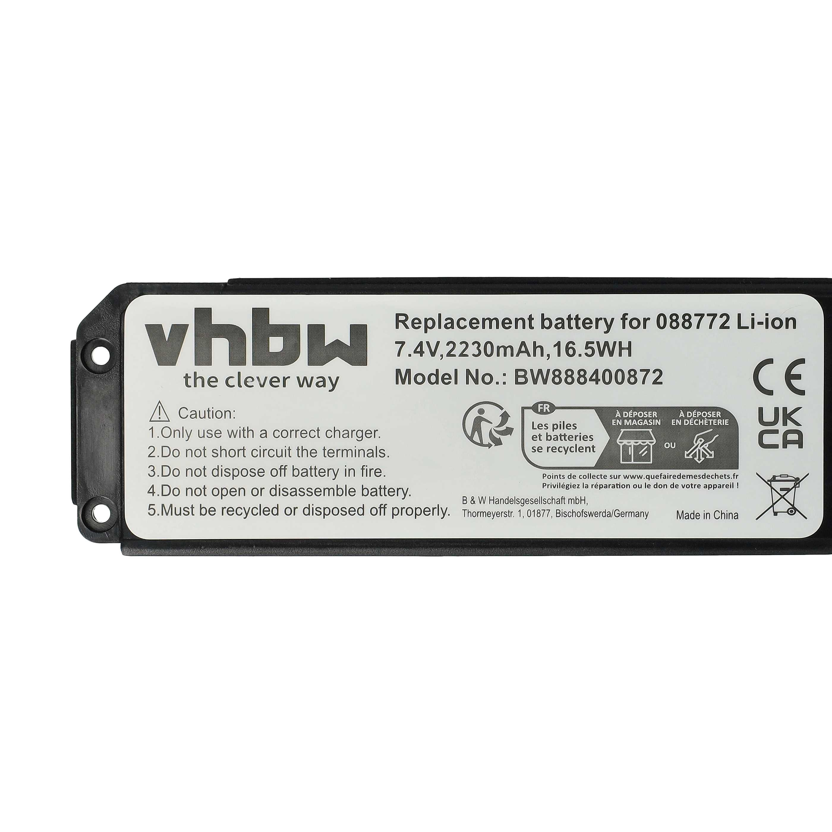 Rechteckiger Akku mit Text. Enthält Warnhinweise und Recyclingsymbole. Die Marke ist vhbw. Modell BW888400872.