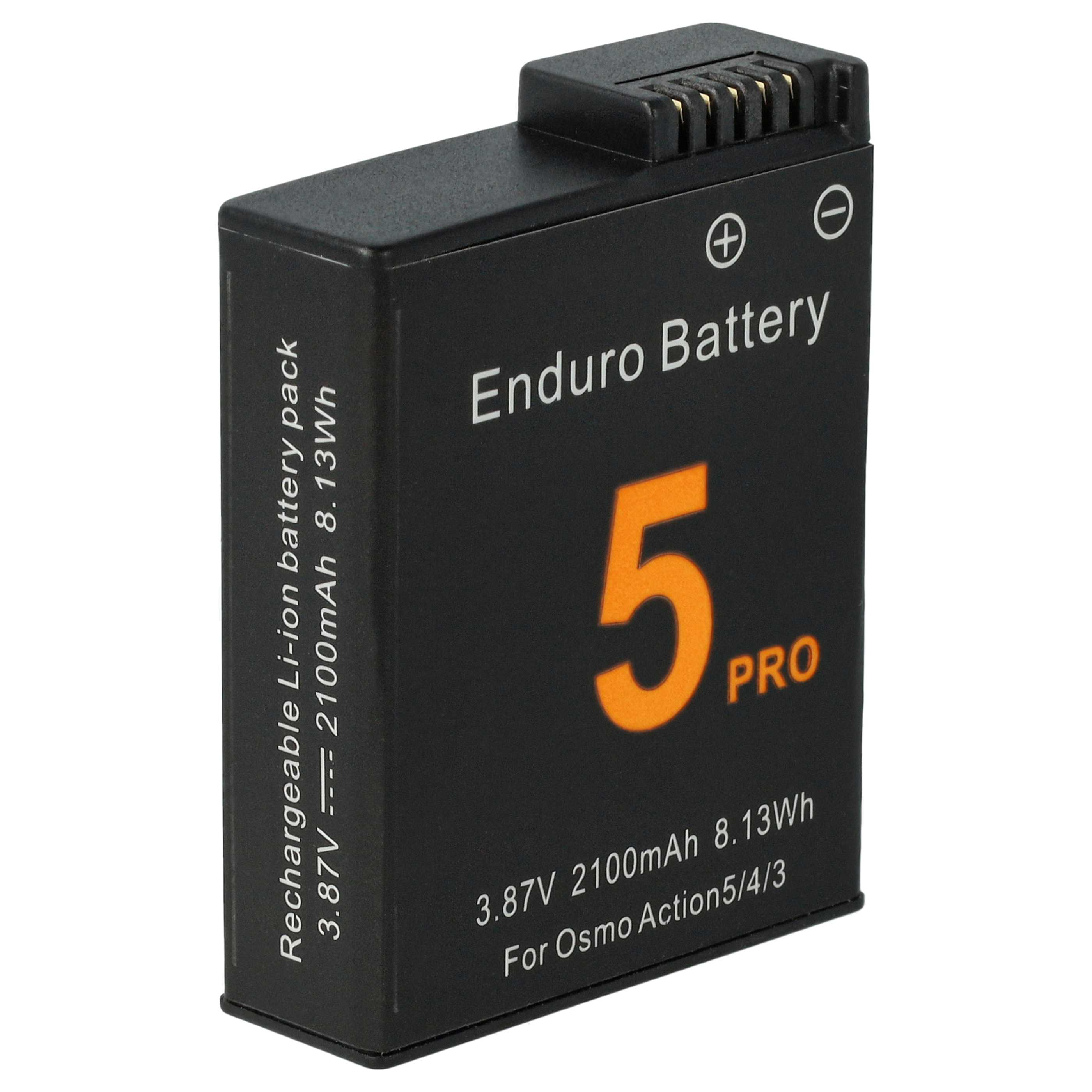 Schwarzer Akku. Er hat weißen Text: 'Enduro Battery 5 Pro'. Orangefarbene '5' in der Mitte. Spezifikationen sind aufgeführt.