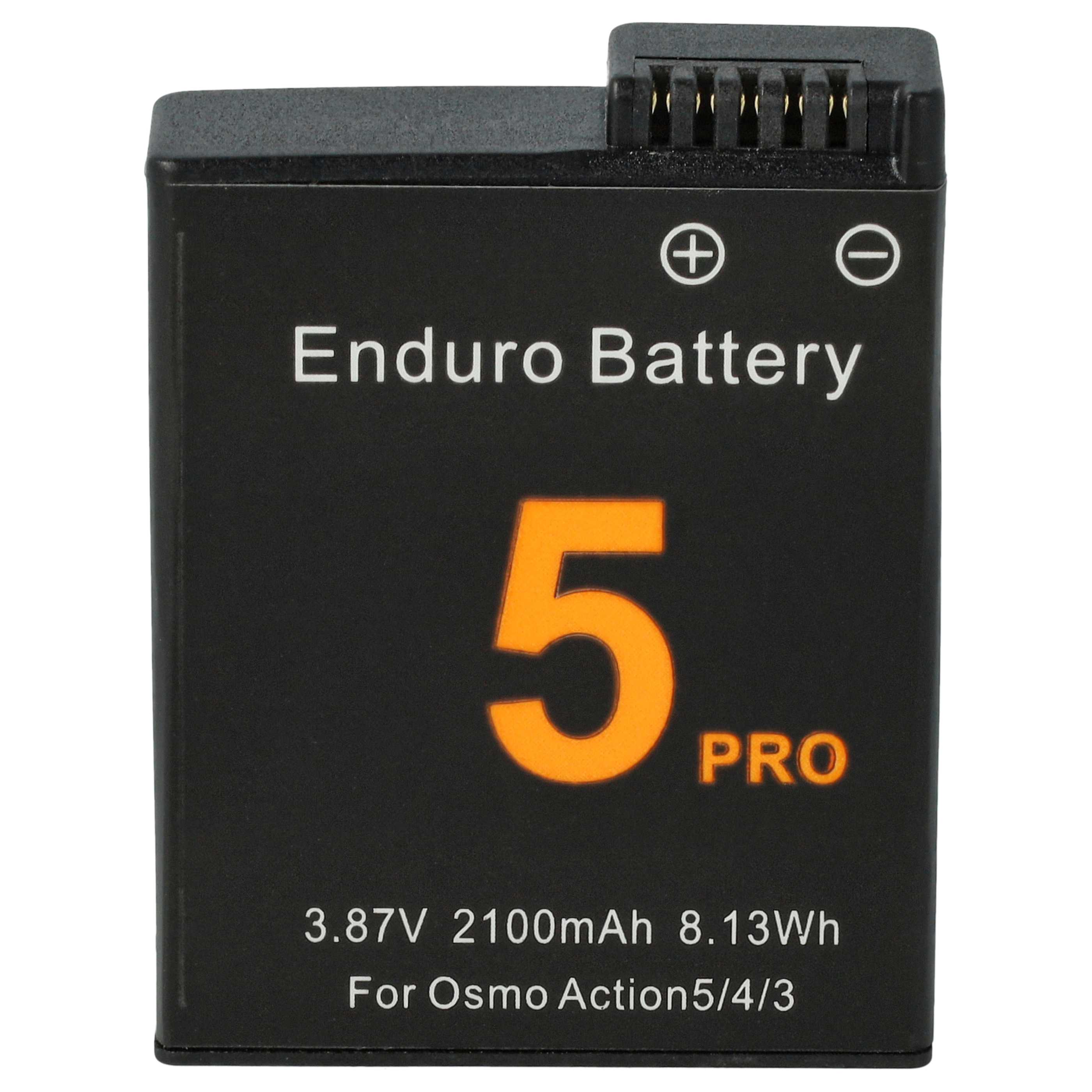 Ein schwarzer Enduro-Akku mit einem orangefarbenen '5' und 'PRO'. Er hat Text: 3,87 V 2100 mAh 8,13 Wh Für Osmo Action5/4/3.