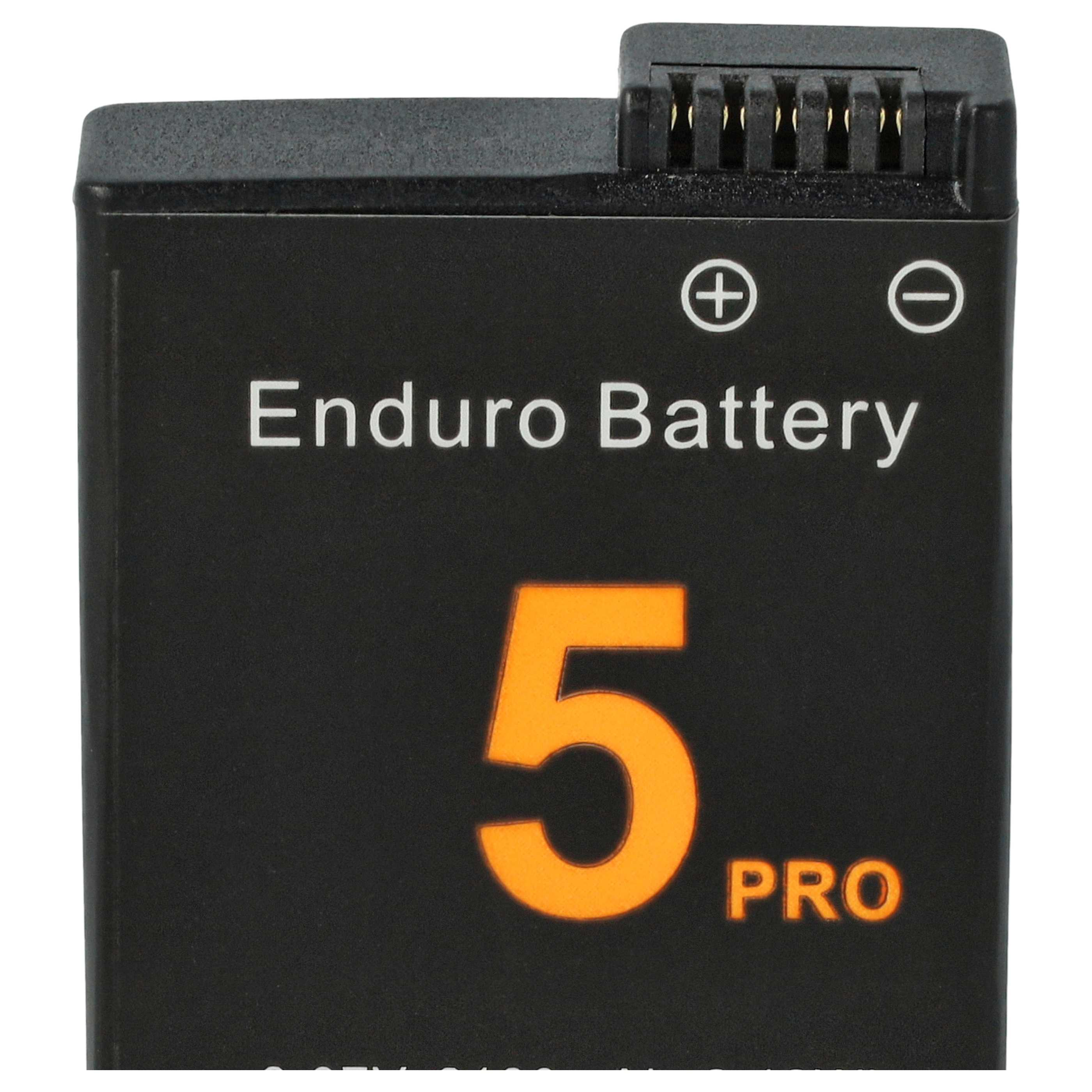 Schwarze 'Enduro Battery' mit orangefarbenem Text '5 PRO'. Oben Stecker und +/– Symbole.