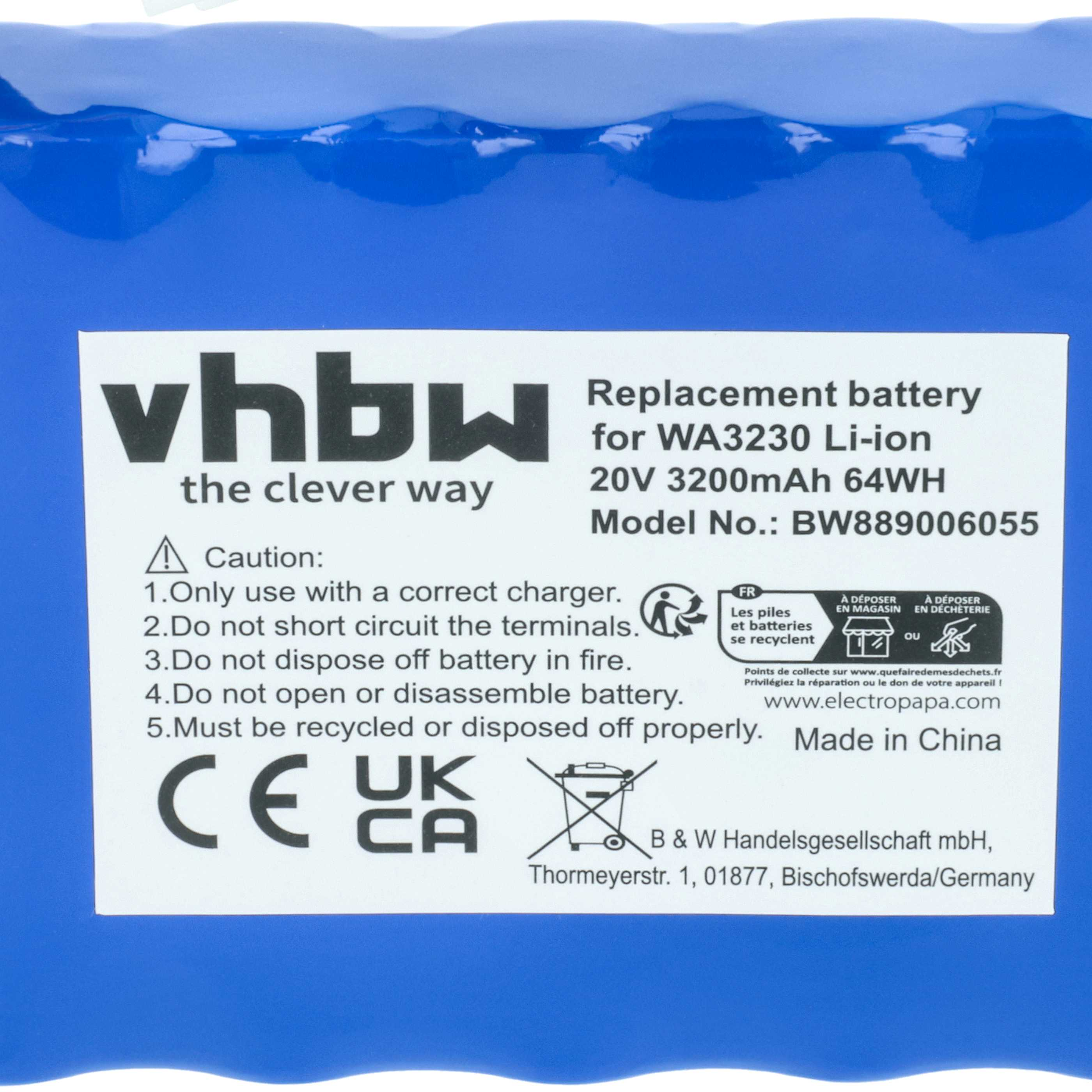 Blaue Batterie mit weißem Etikett. Text: vhbw, Ersatzbatterie, Achtung, Made in China.