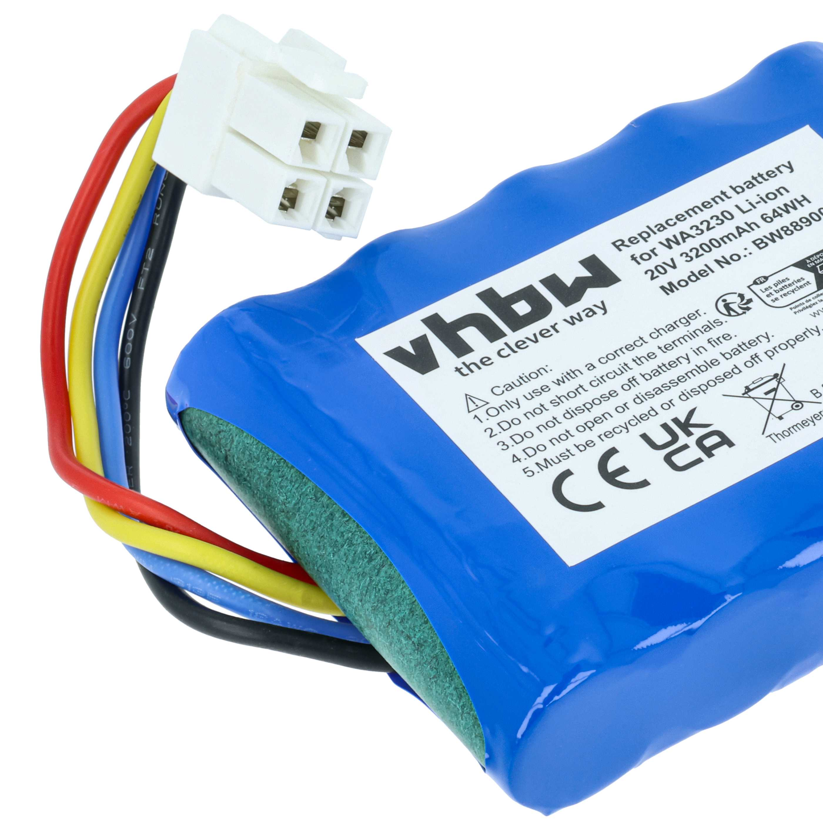 Eine blaue Batterie mit einem weißen Stecker und farbigen Drähten ist abgebildet. Text auf der Batterie zeigt an, dass es sich um einen Ersatz handelt.