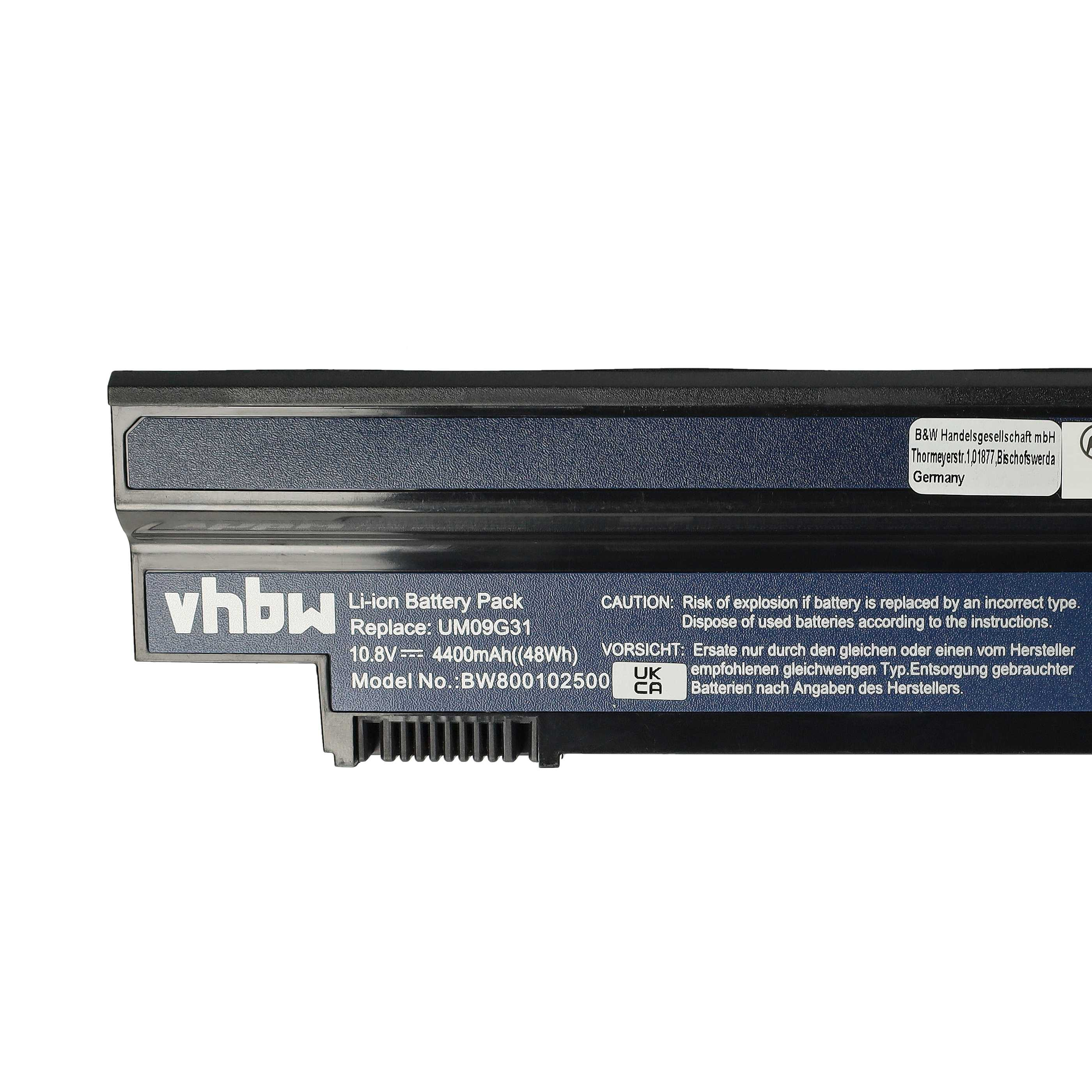 Ein Akkupack mit Text: vhbw, Li-Ion, 10,8V, 4400mAh, Modell-Nr.: BW800102500. Außerdem B&W Handelsgesellschaft mbH.
