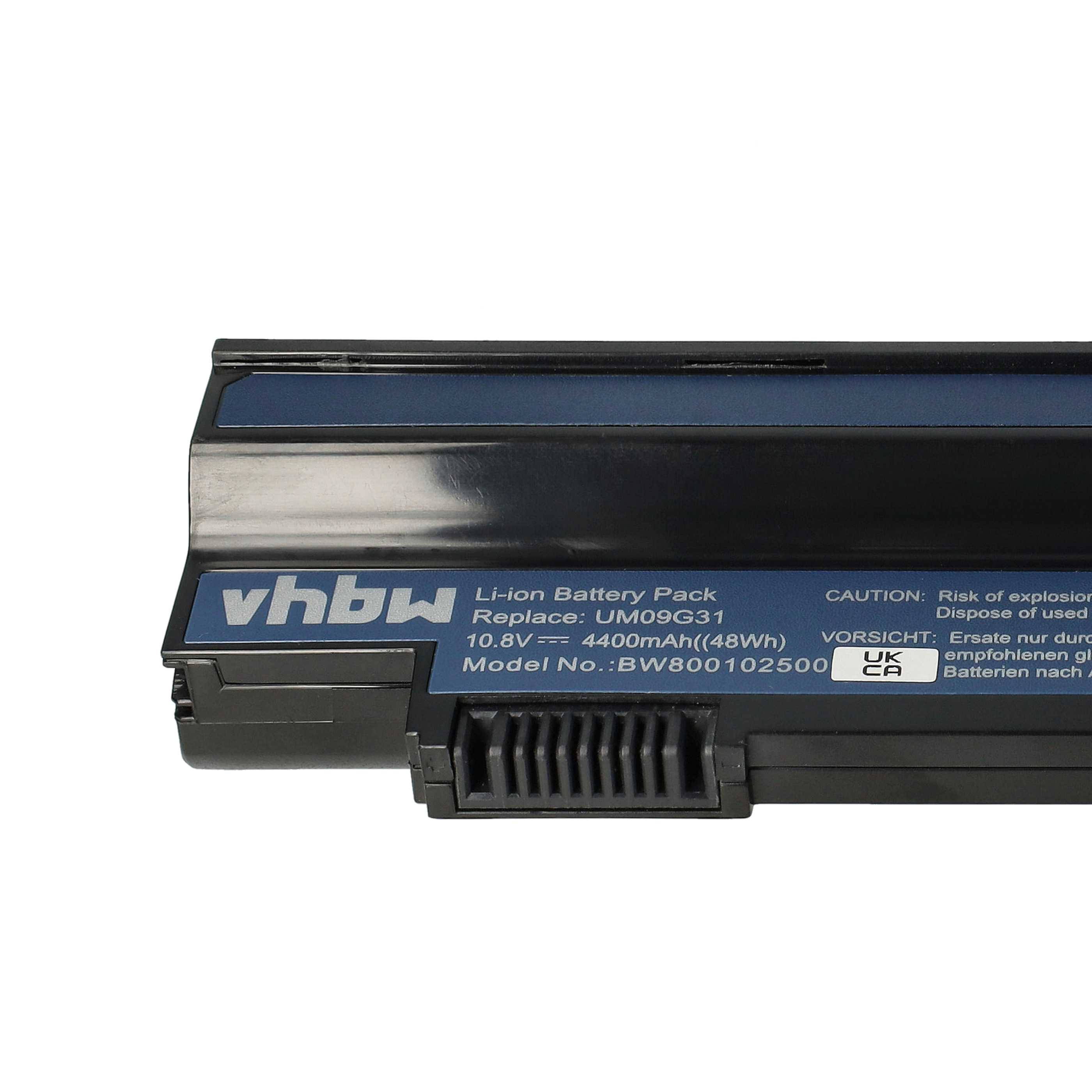 Ein schwarzer und blauer Laptop-Akku mit Text: vhbw, Li-Ion-Akku, 10,8 V, 4400 mAh und Modellnummer.