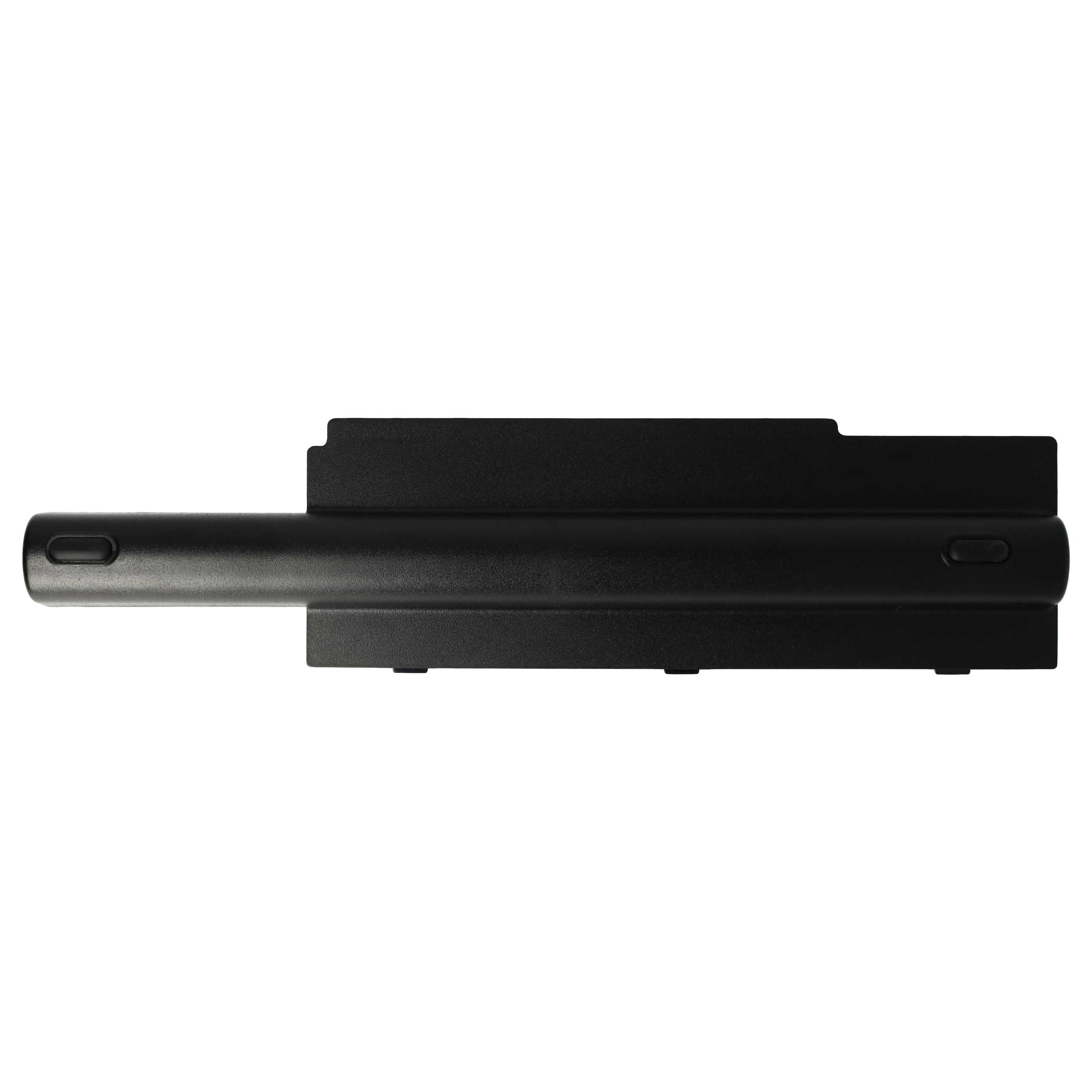 Ein schwarzer Laptop-Akku, horizontal ausgerichtet, vor weißem Hintergrund. Er hat ein zylindrisches Ende und einen rechteckigen Körper.