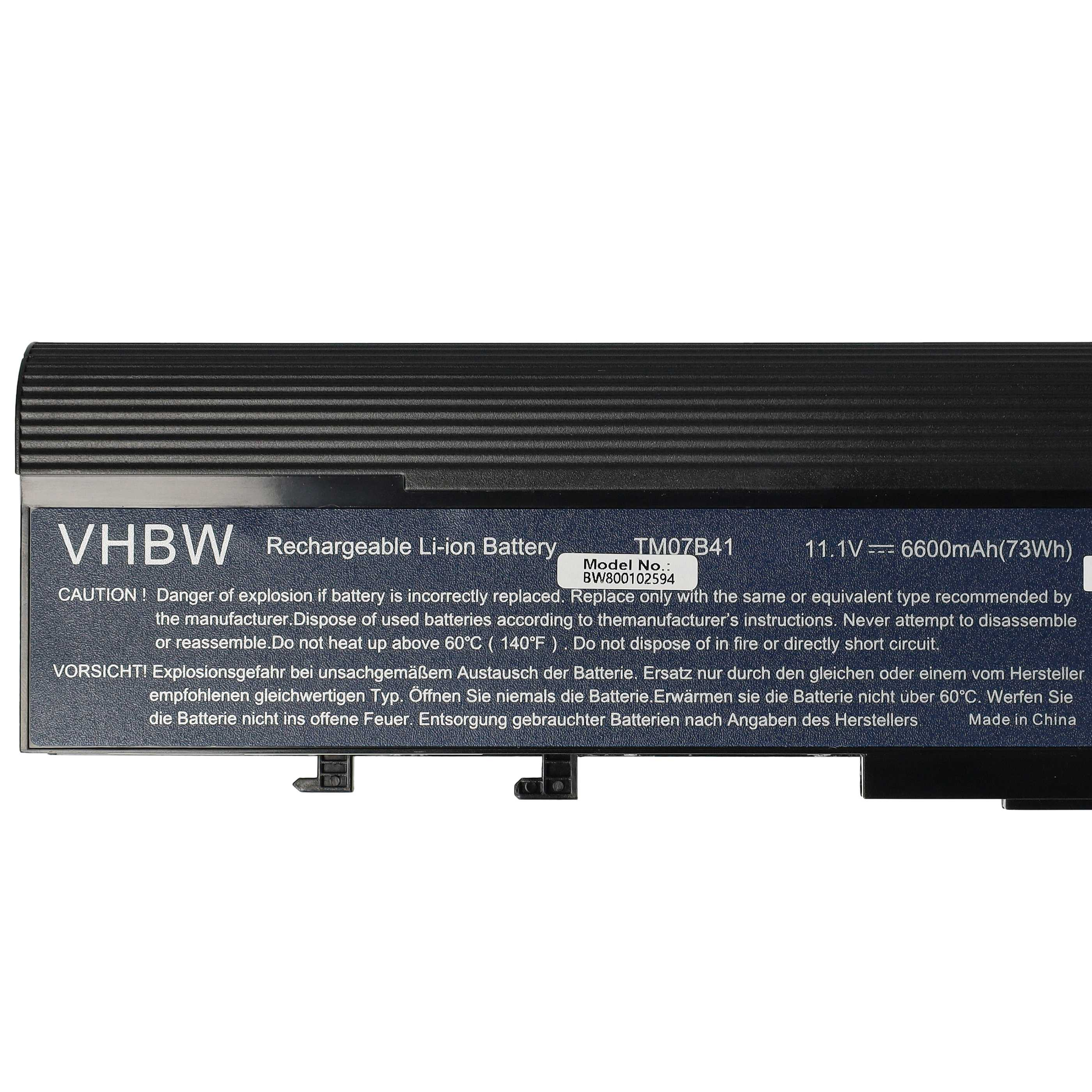 Schwarzer Laptop-Akku mit weißem Text. Text enthält: VHBW, Wiederaufladbare Li-Ionen-Batterie und Nutzungshinweise.