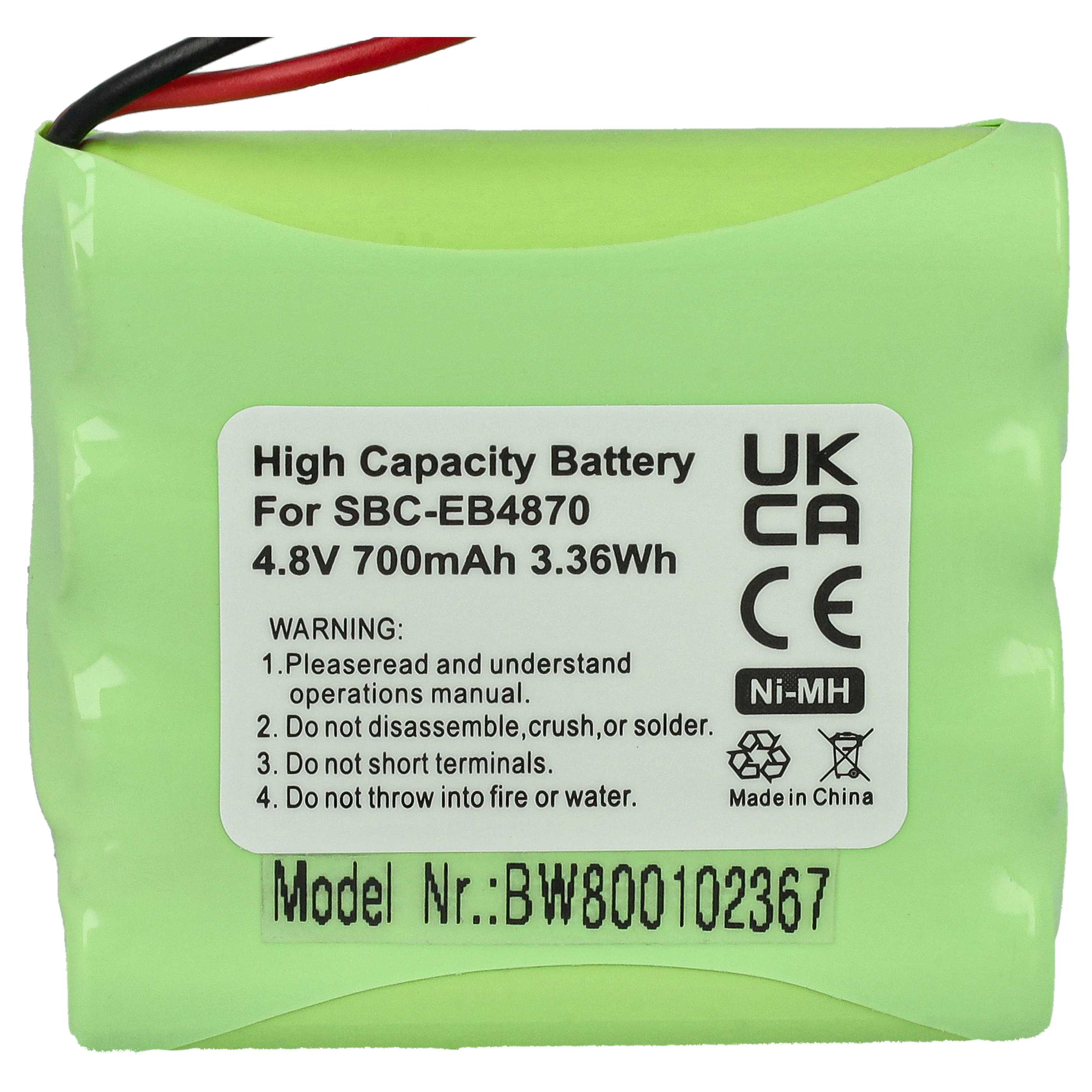 Ein grüner Akku mit einem weißen Etikett mit der Aufschrift 'High Capacity Battery'. Oben befinden sich Drähte.