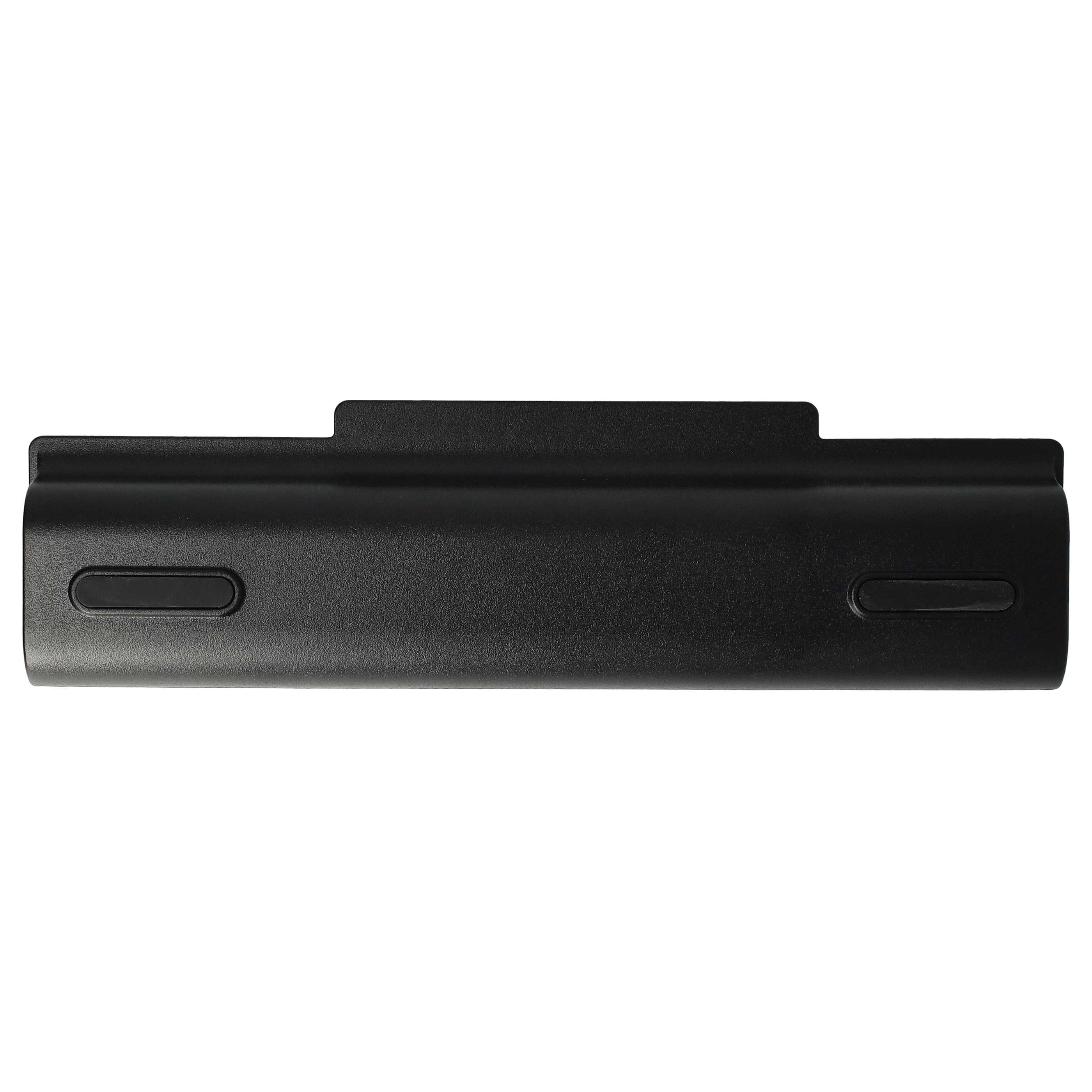 Ein schwarzer Laptop-Akku liegt auf weißem Hintergrund. Er hat abgerundete Enden und zwei Aussparungen.