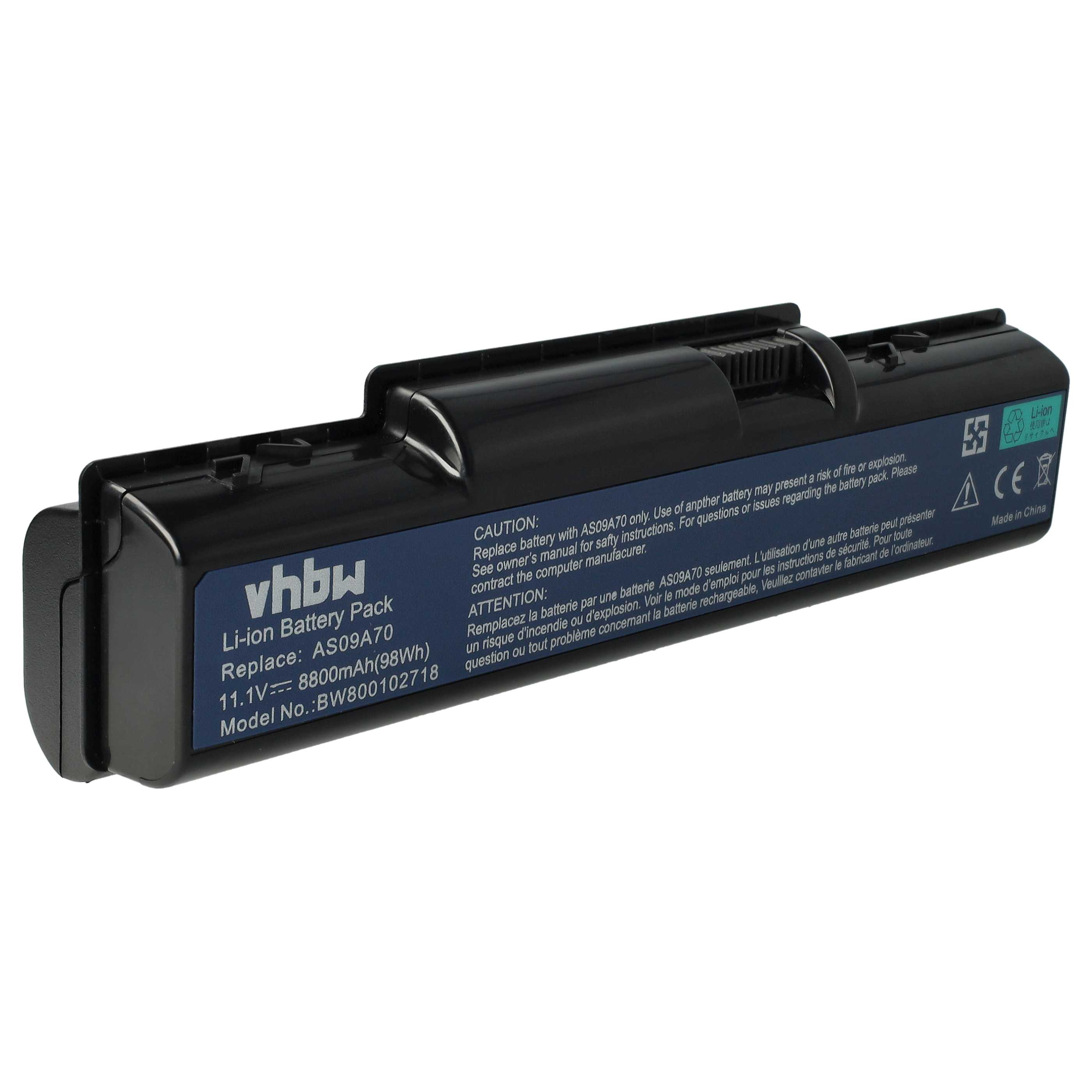 Ein schwarzer Vhbw Li-Ion-Akku mit Text und Symbolen. Der Akku ist mit AS09A70, 11,1 V, 8800 mAh und Made in China beschriftet.