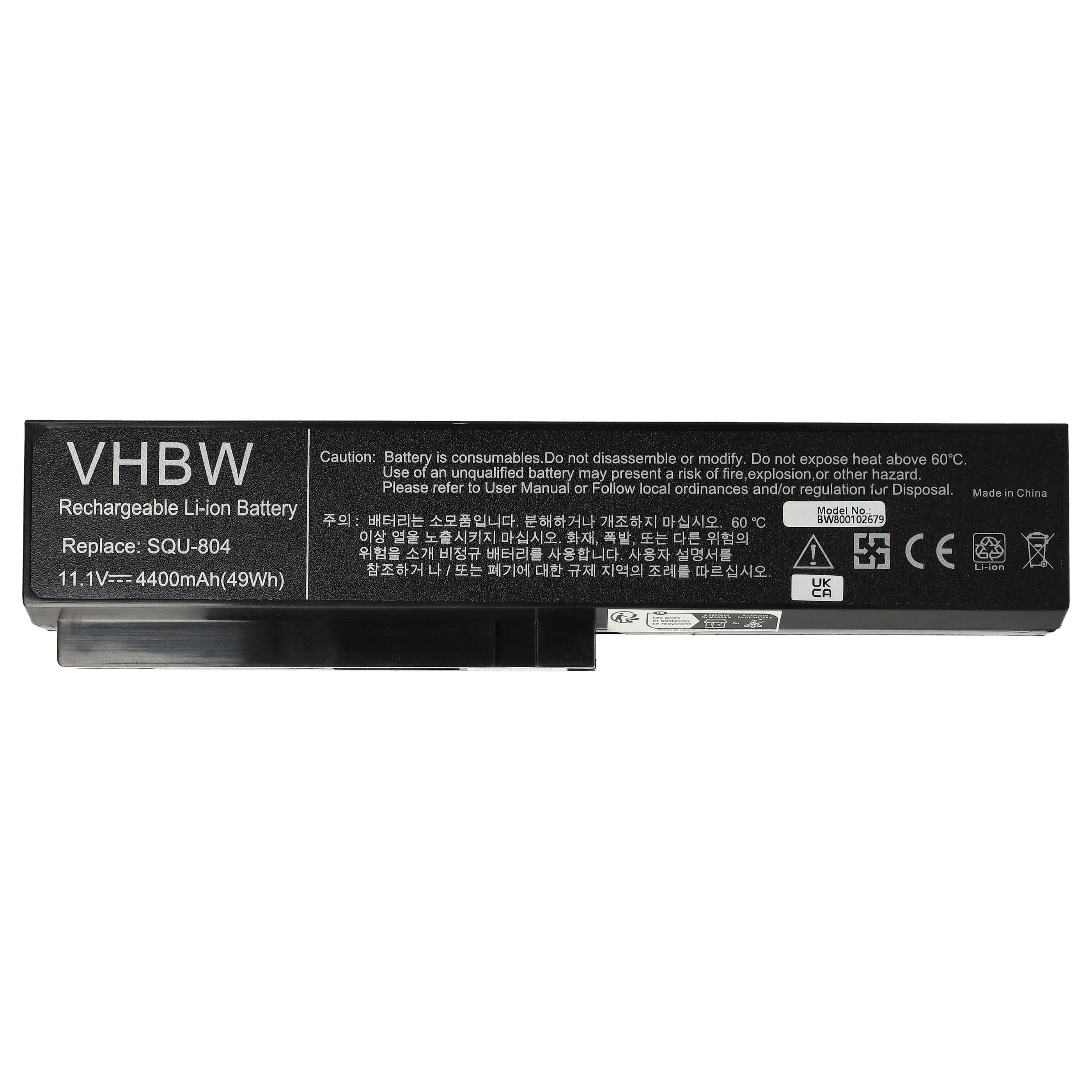 Schwarzer Akku mit weißem Text. Er zeigt VHBW, wiederaufladbare Li-Ion-Batterie, 11,1 V und Warnhinweise.