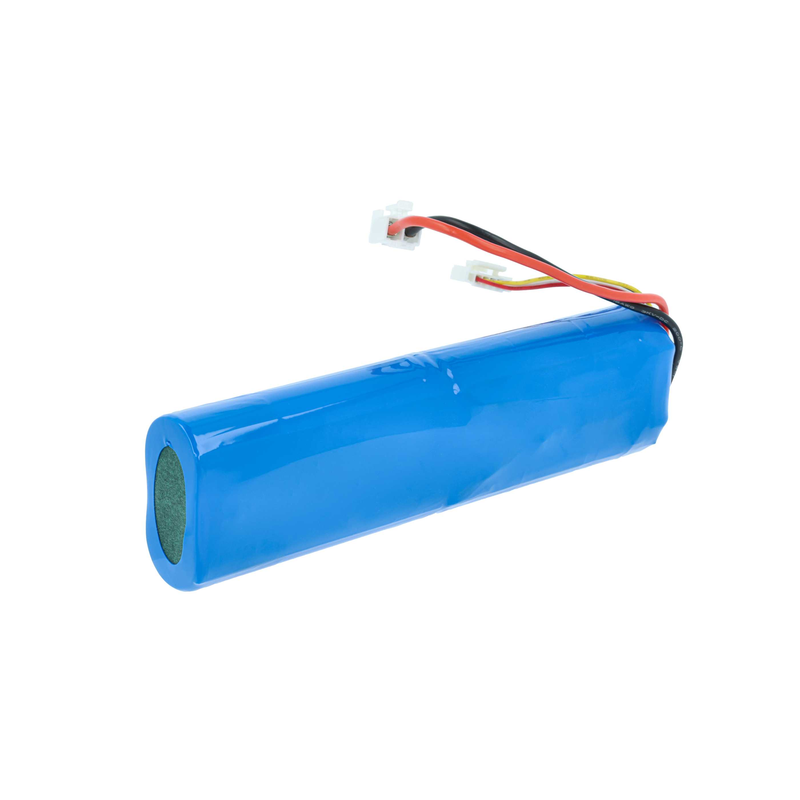 Ein blauer zylindrischer Akku mit Drähten und Anschlüssen erstreckt sich von oben. Der Hintergrund ist weiß.