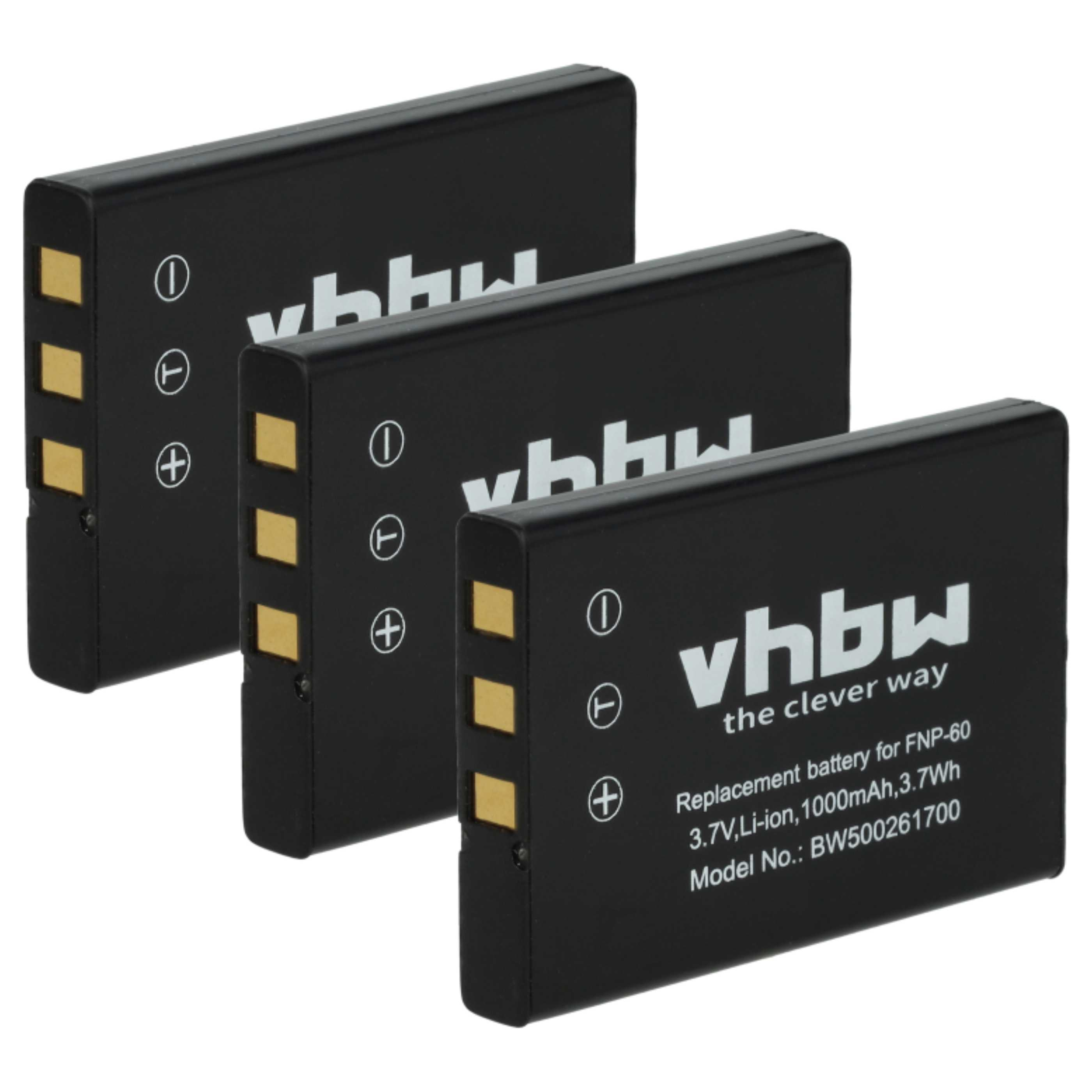 Drei schwarze Batterien mit weißem Text und goldenen Kontakten. Eine Batterie ist mit 'vhbw the clever way' beschriftet.