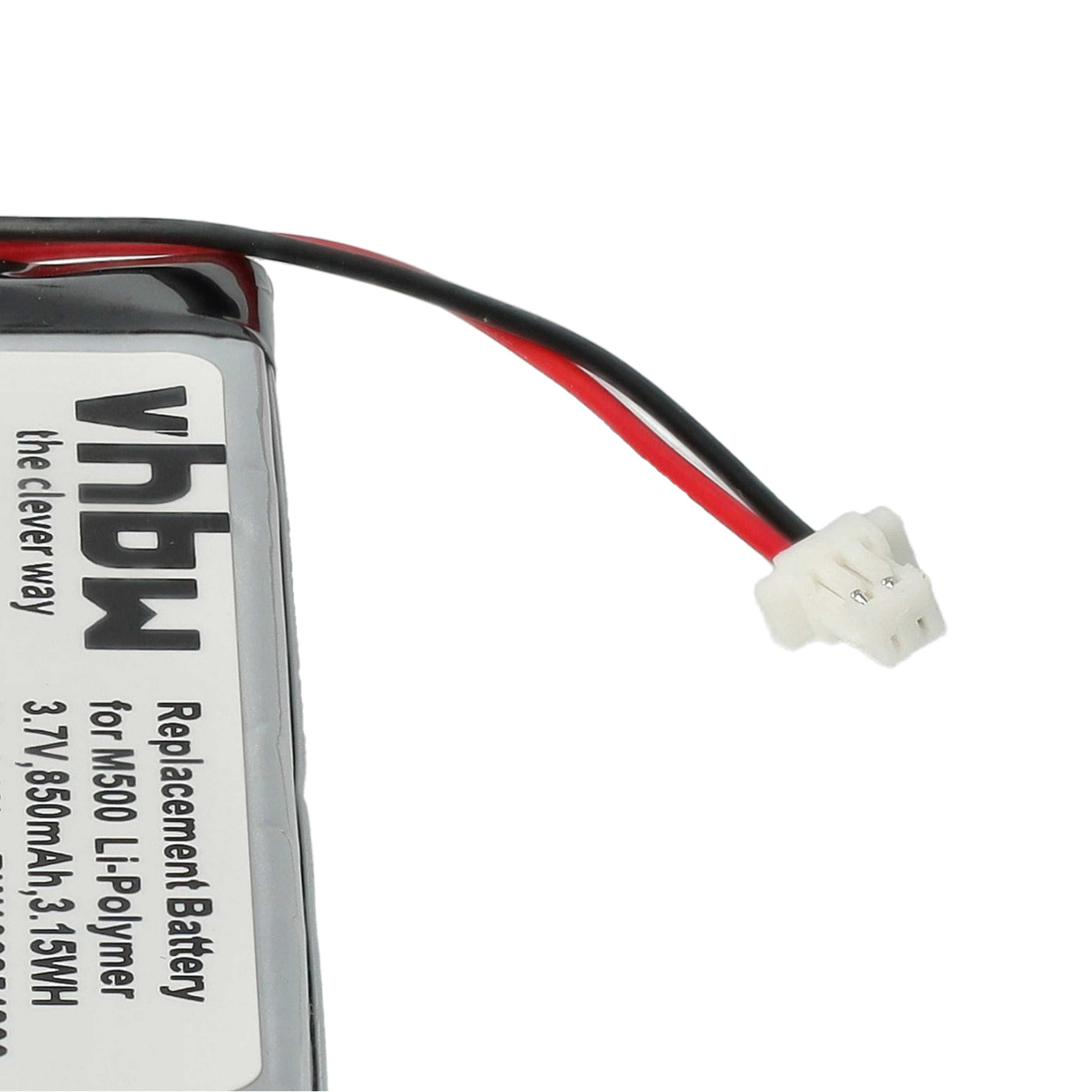 Ein Akku mit schwarzen und roten Drähten. Der Akku hat einen weißen Stecker und Text mit der Aufschrift 'vhbw'.