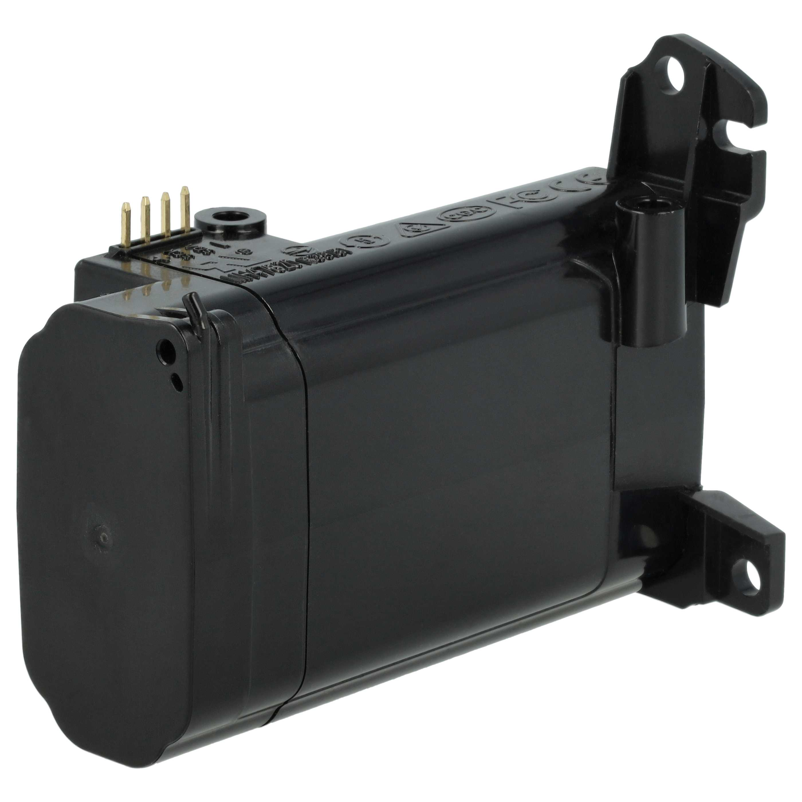 Ein schwarzes elektronisches Bauteil mit Stiften, einer Halterung und einem rechteckigen Körper vor weißem Hintergrund.