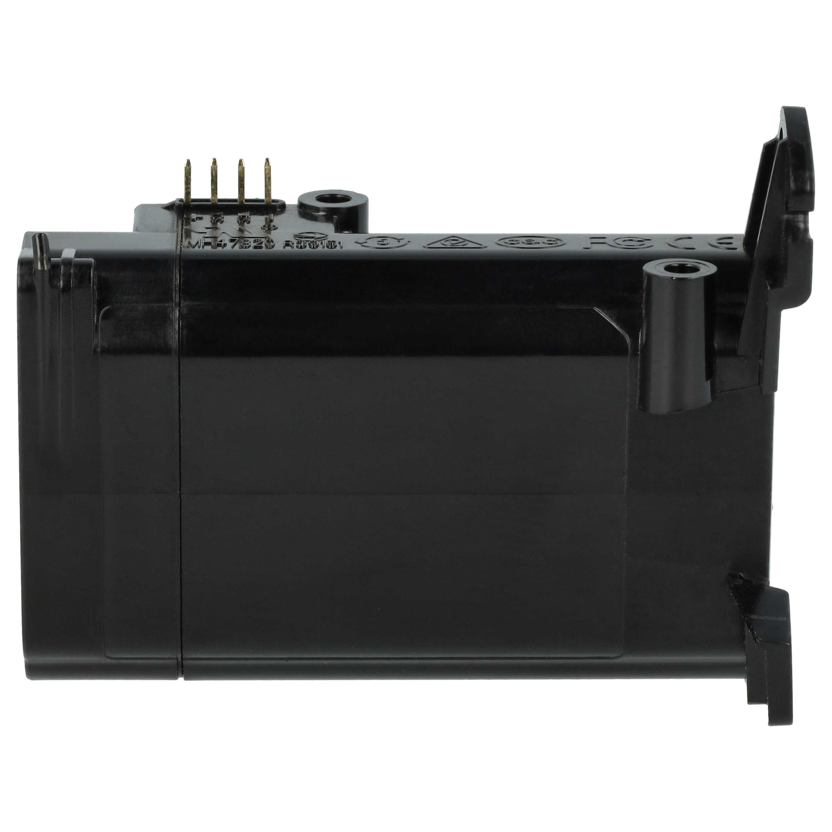 Ein schwarzes elektrisches Bauteil mit Stiften und Markierungen auf der Oberseite, rechteckiger Körper mit hervorstehendem Rand.